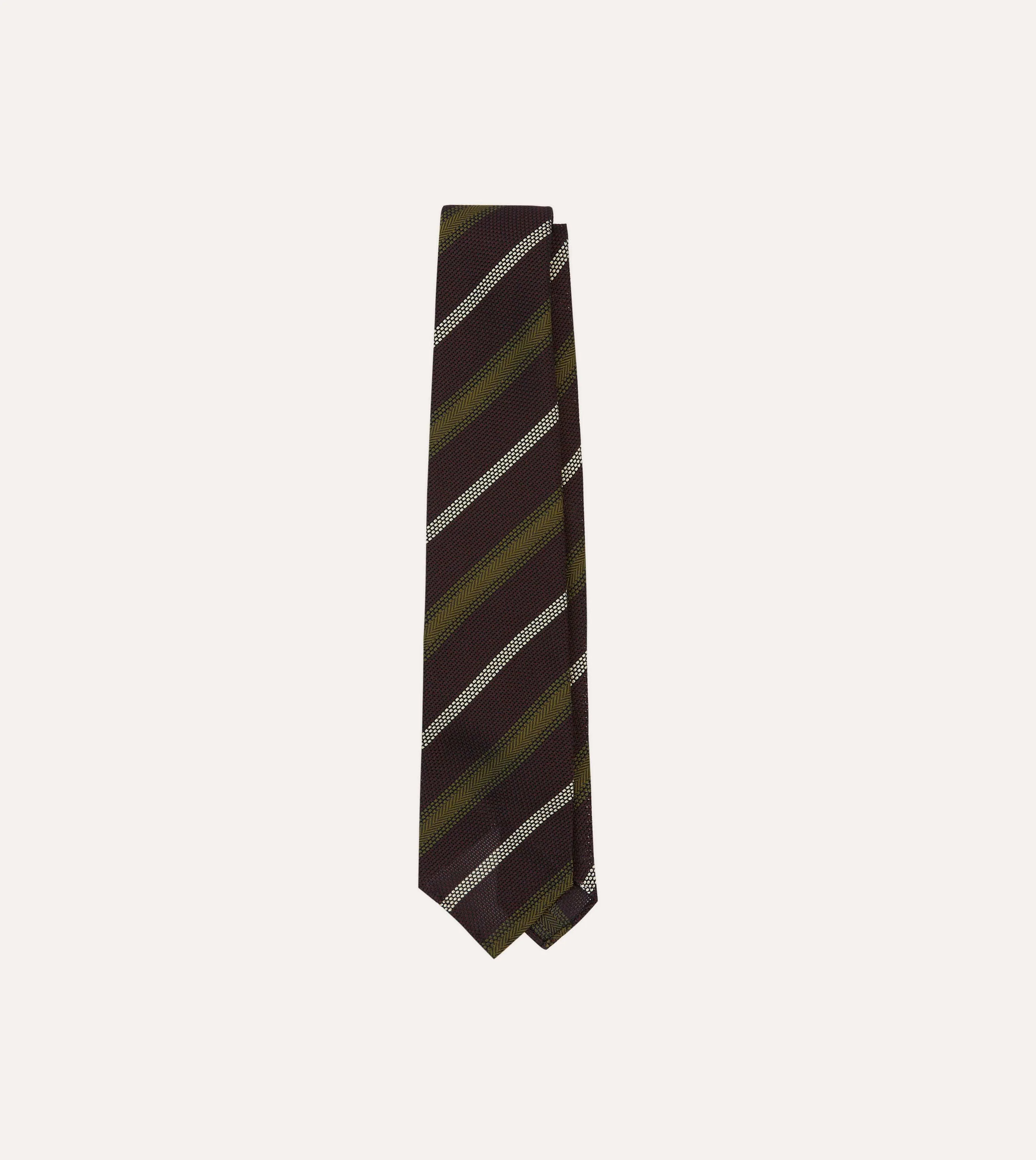 Burgundy, Olive and Ecru Stripe Hand Rolled Silk Grenadine Tie sold by Drake's London