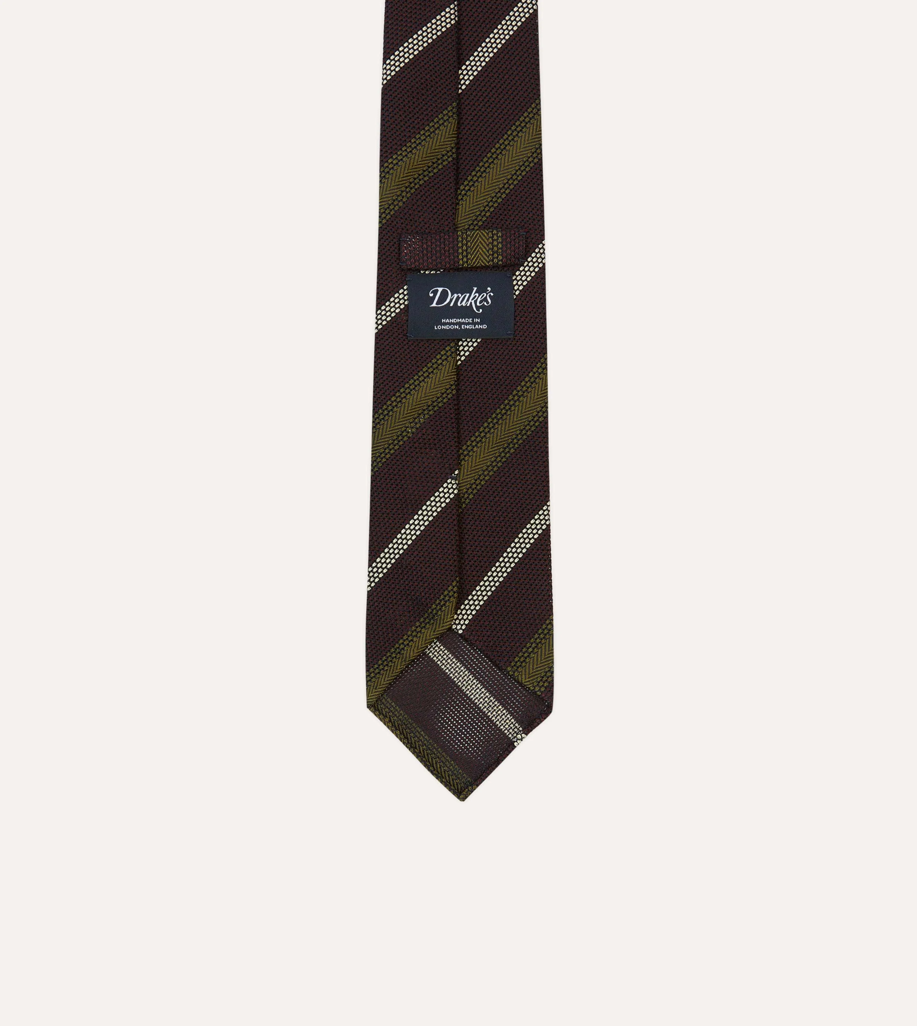 Burgundy, Olive and Ecru Stripe Hand Rolled Silk Grenadine Tie sold by Drake's London product image thumbnail 4
