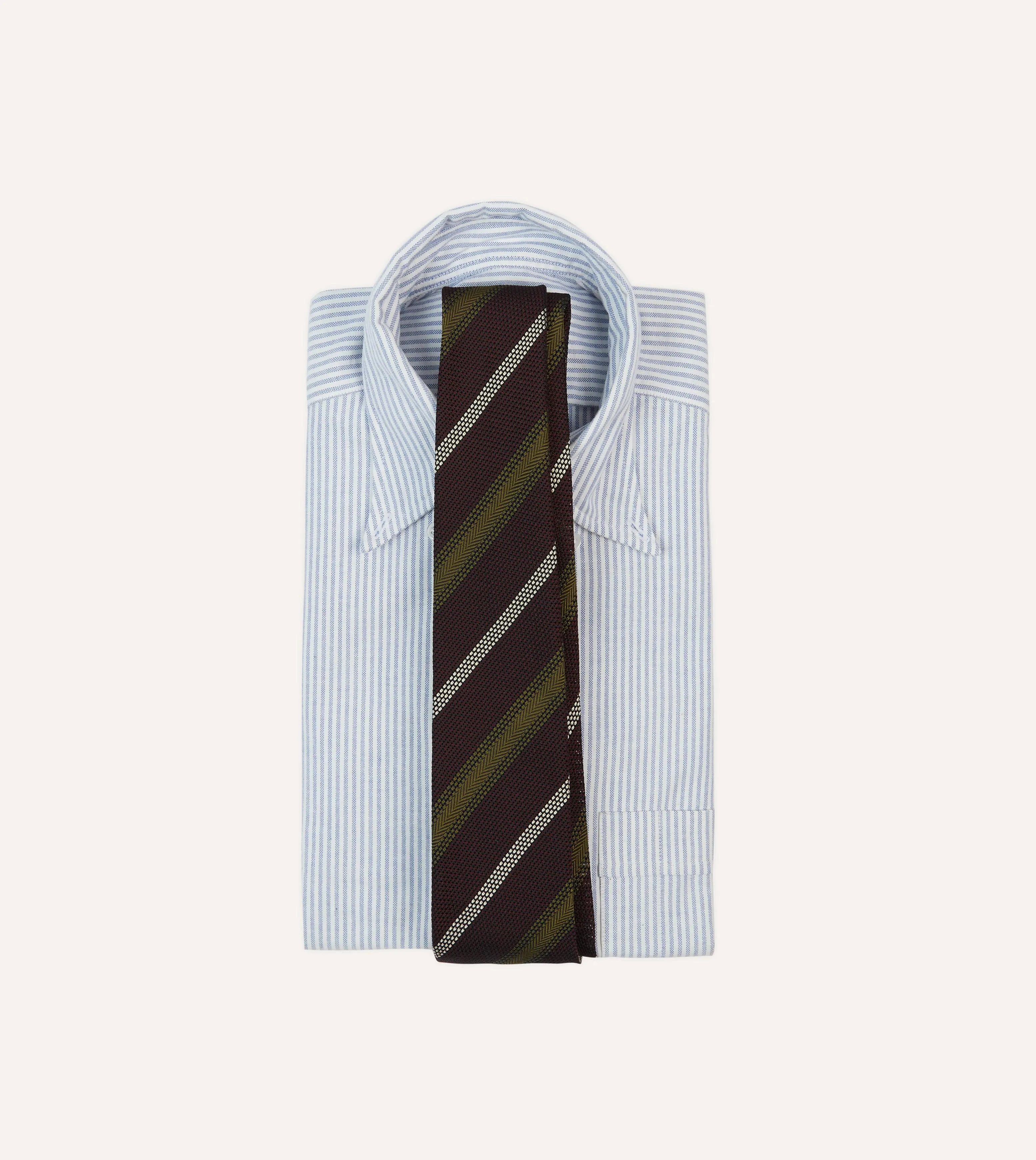 Burgundy, Olive and Ecru Stripe Hand Rolled Silk Grenadine Tie sold by Drake's London product image thumbnail 2