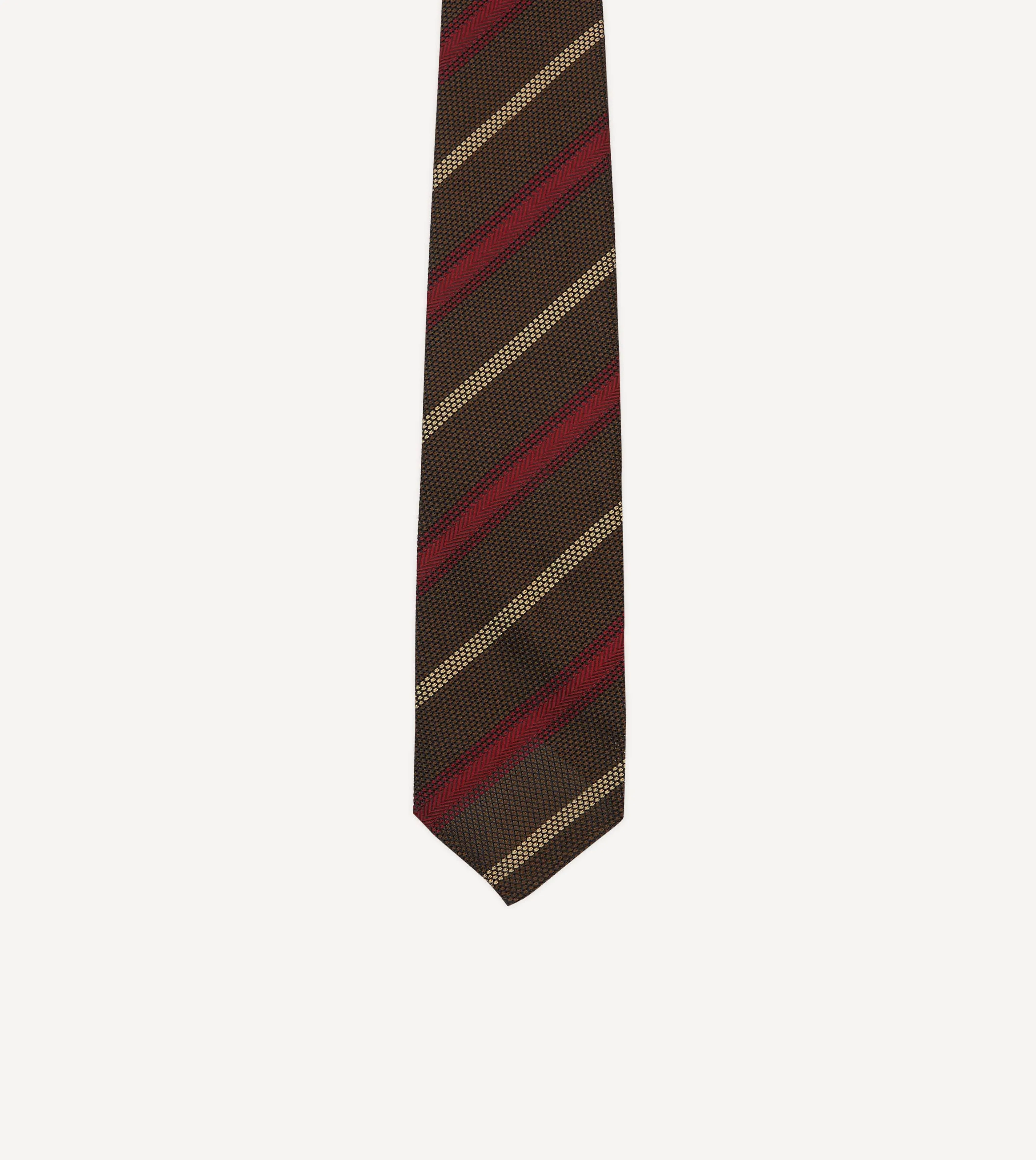 Brown, Red and Ecru Stripe Hand Rolled Silk Grenadine Tie sold by Drake's London product image thumbnail 3
