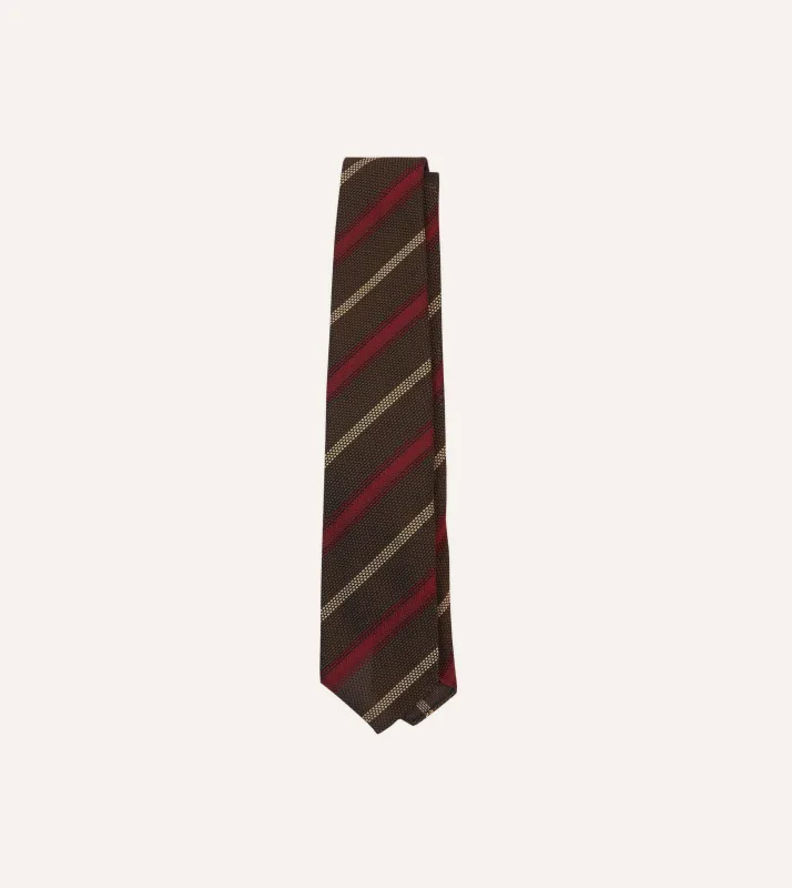 Brown, Red and Ecru Stripe Hand Rolled Silk Grenadine Tie sold by Drake's London