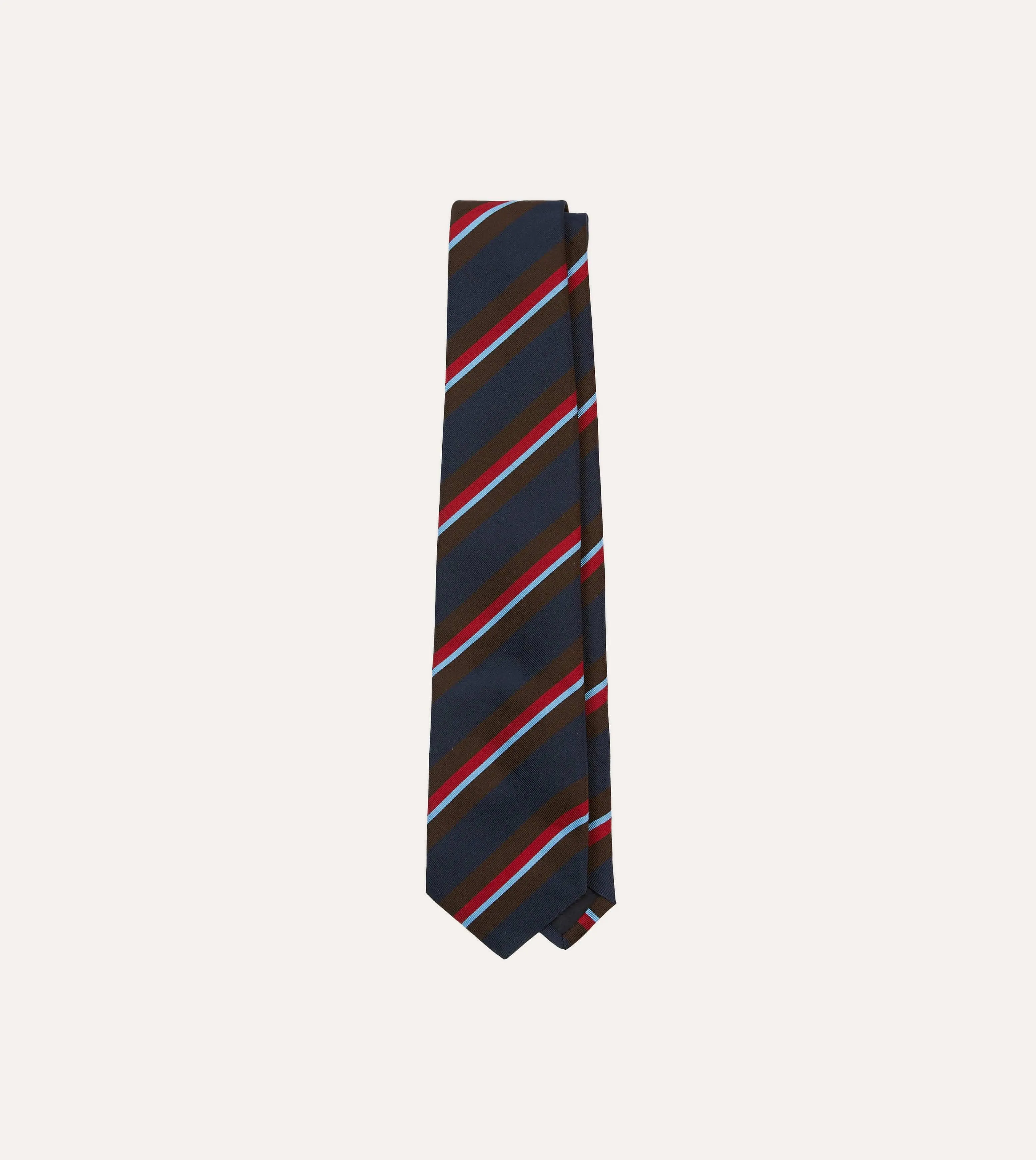 Navy, Brown and Red Stripe Mogador Silk Tipped Tie sold by Drake's London