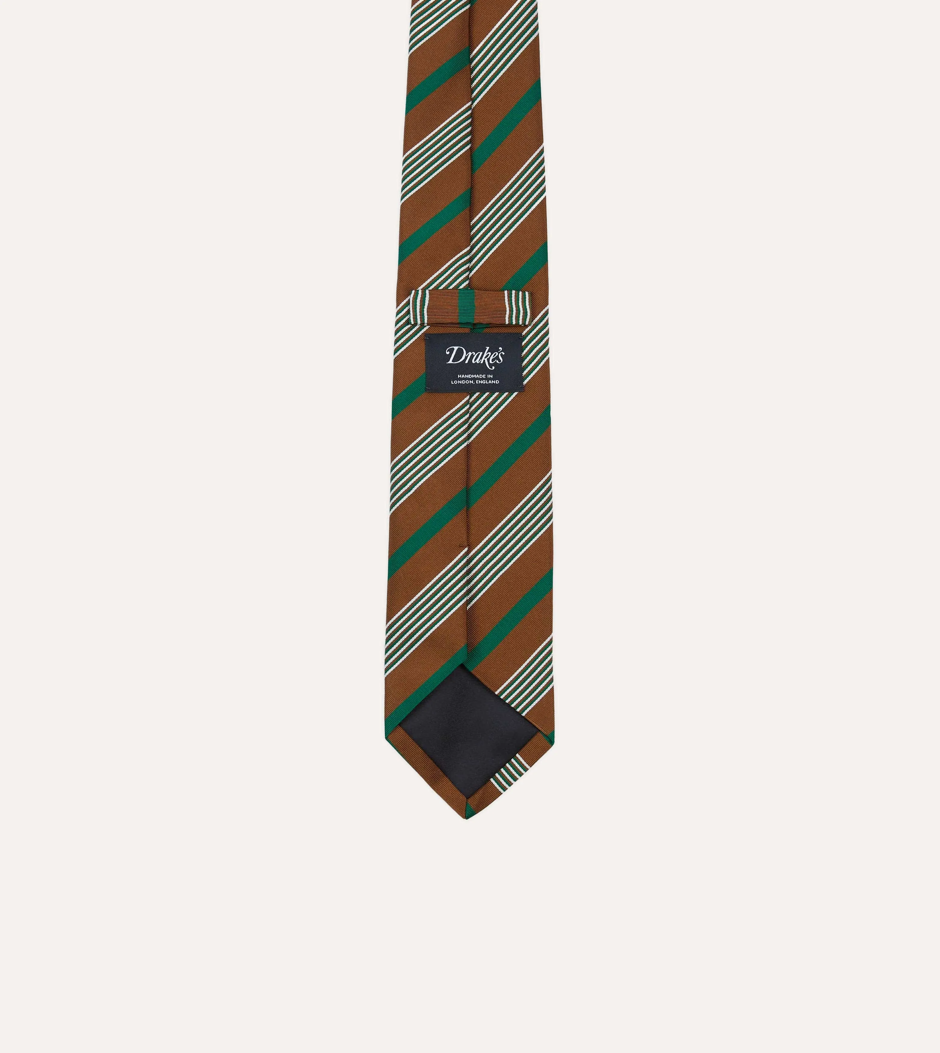 Brown, Green and White Multi Stripe Mogador Silk Tipped Tie sold by Drake's London product image thumbnail 4