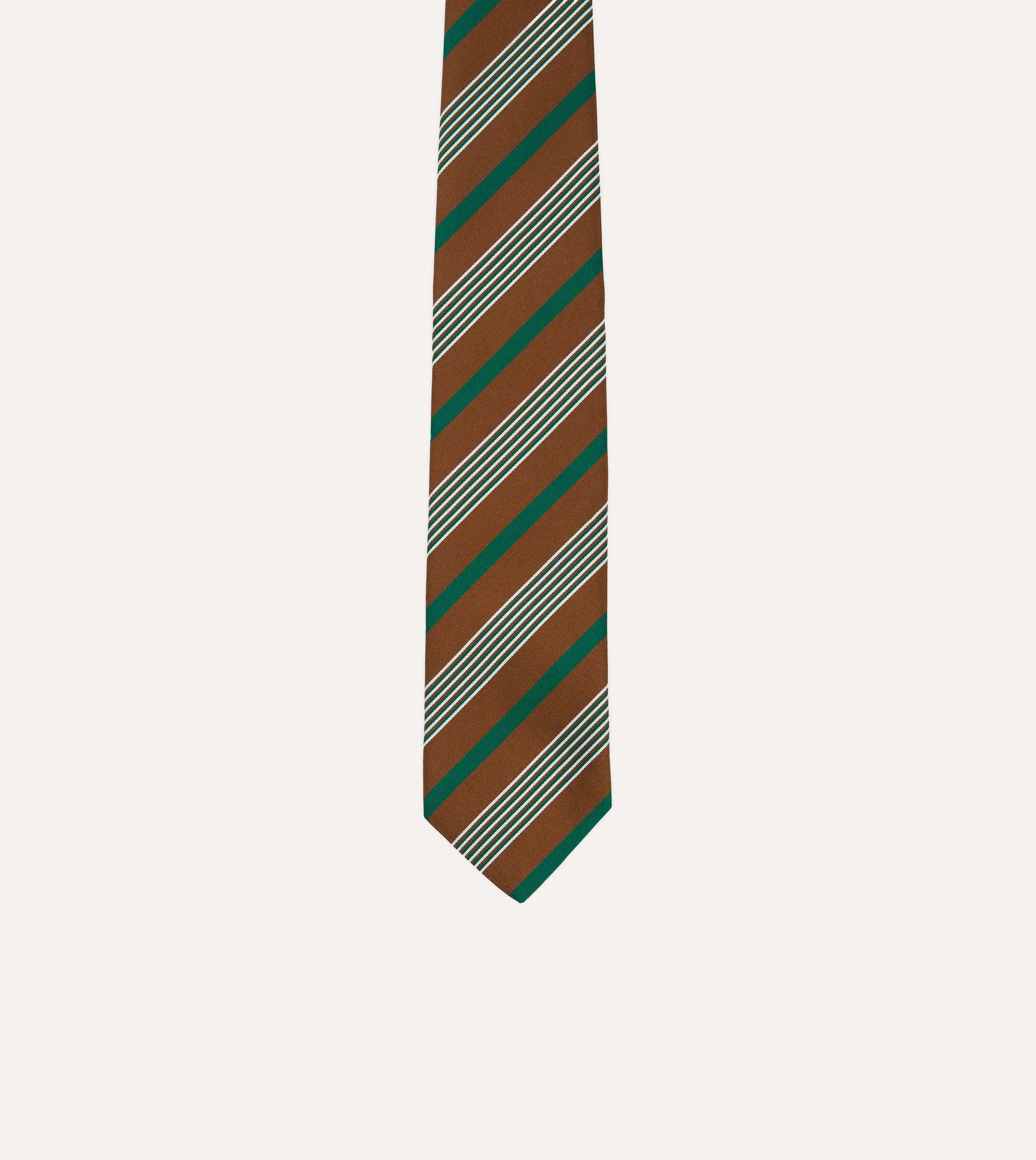 Brown, Green and White Multi Stripe Mogador Silk Tipped Tie sold by Drake's London product image thumbnail 3