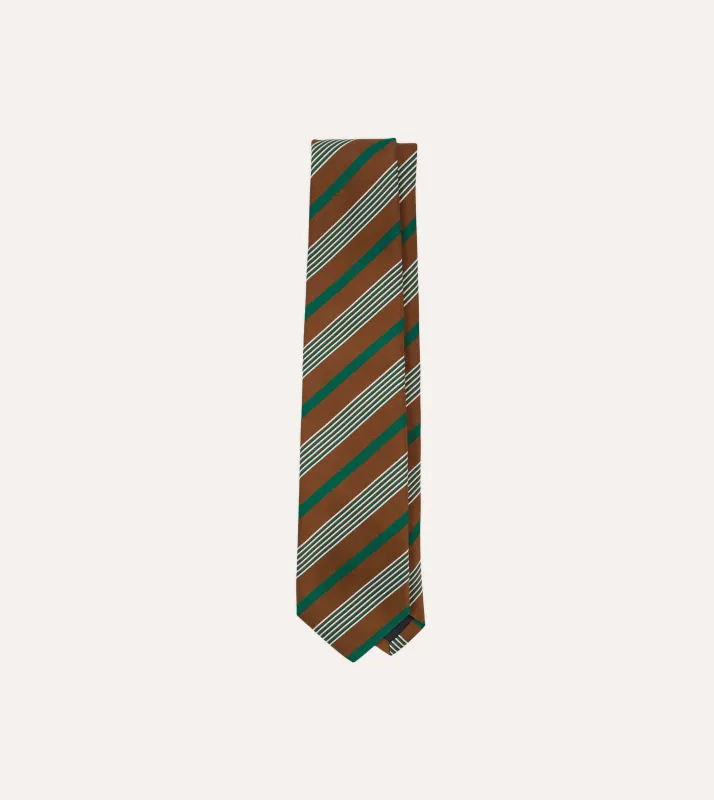 Brown, Green and White Multi Stripe Mogador Silk Tipped Tie sold by Drake's London