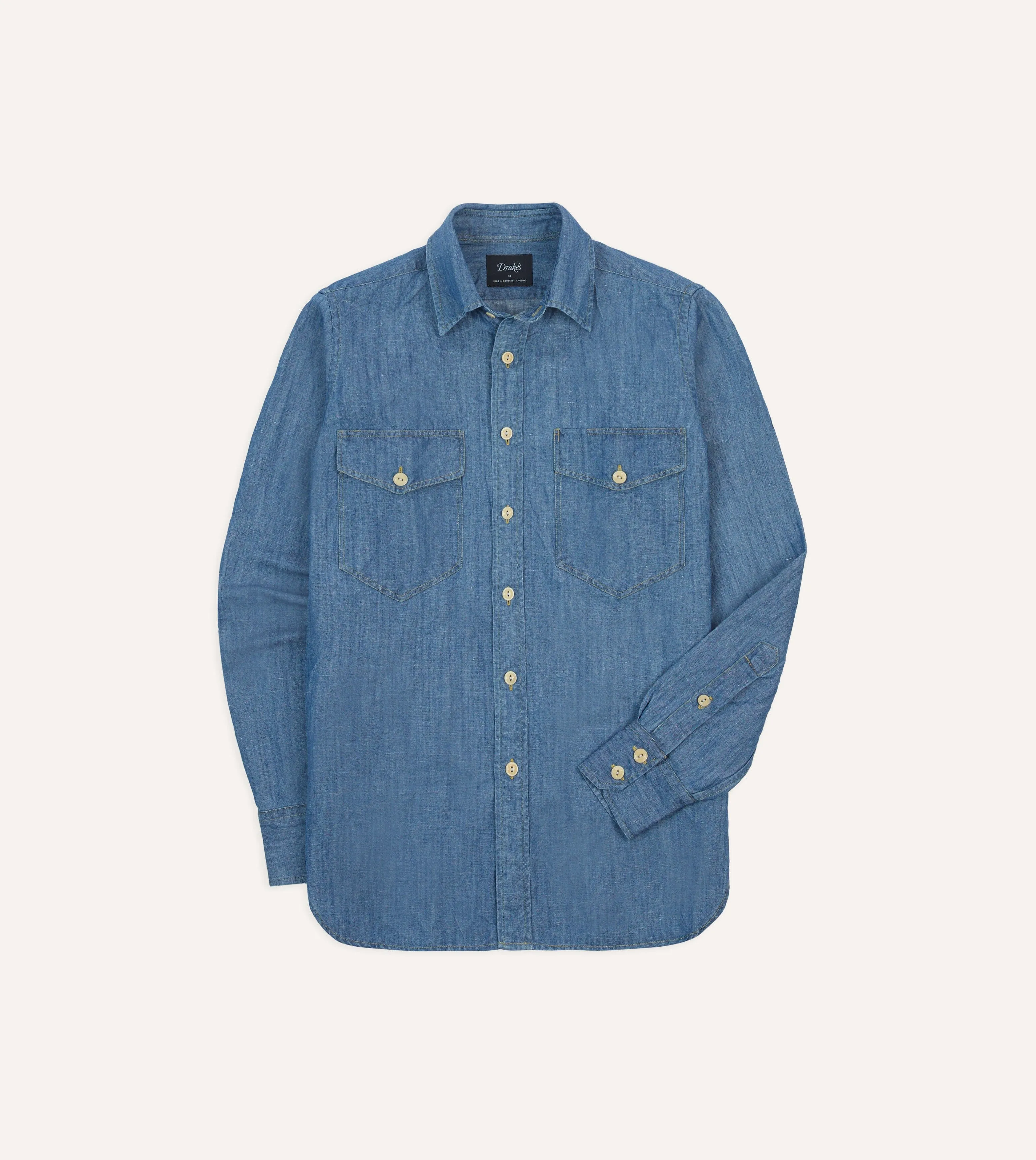 Stone Wash Cotton-Linen Long Point Collar Work Shirt sold by Drake's London