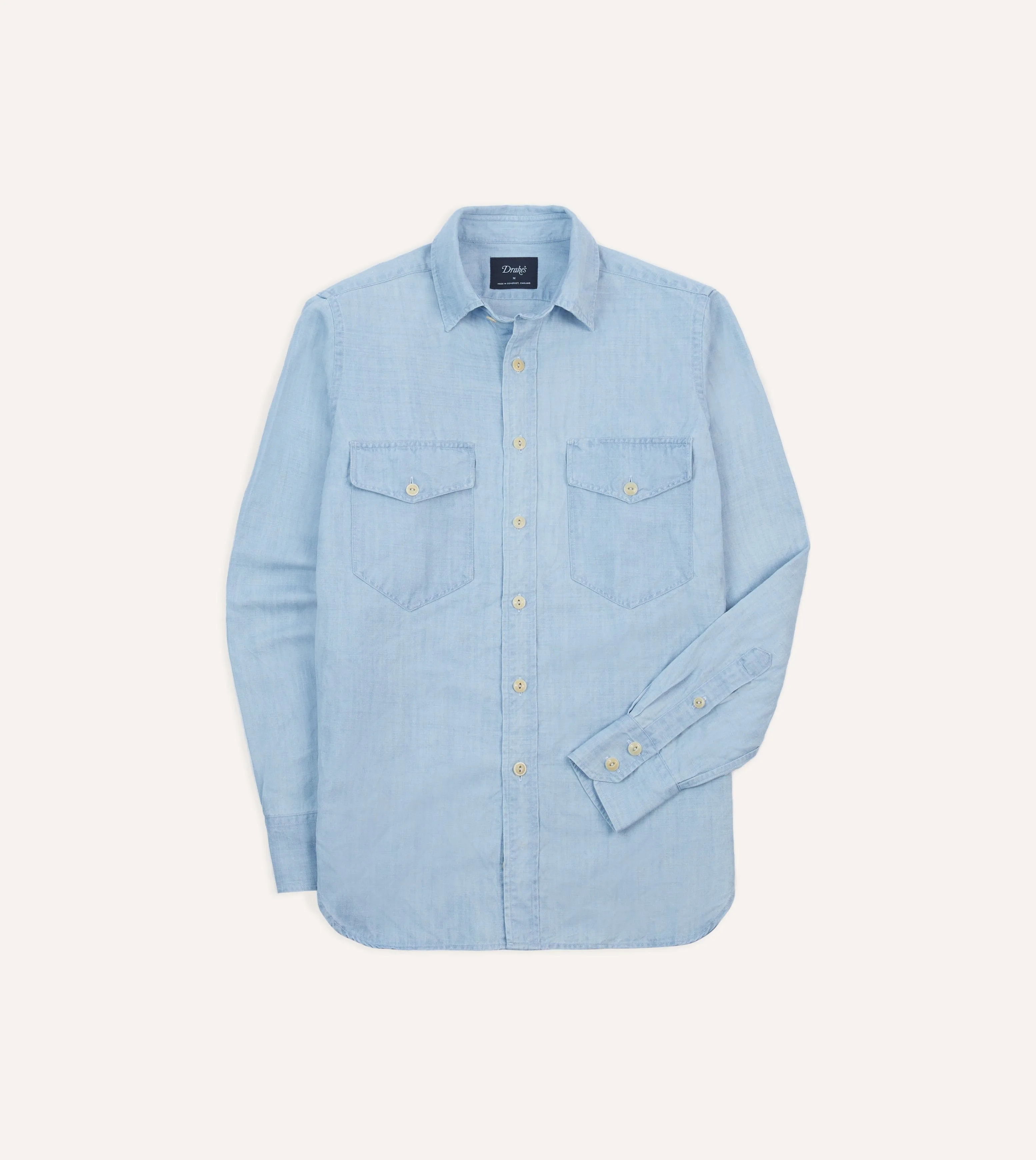 Bleach Wash Cotton-Linen Long Point Collar Work Shirt sold by Drake's London