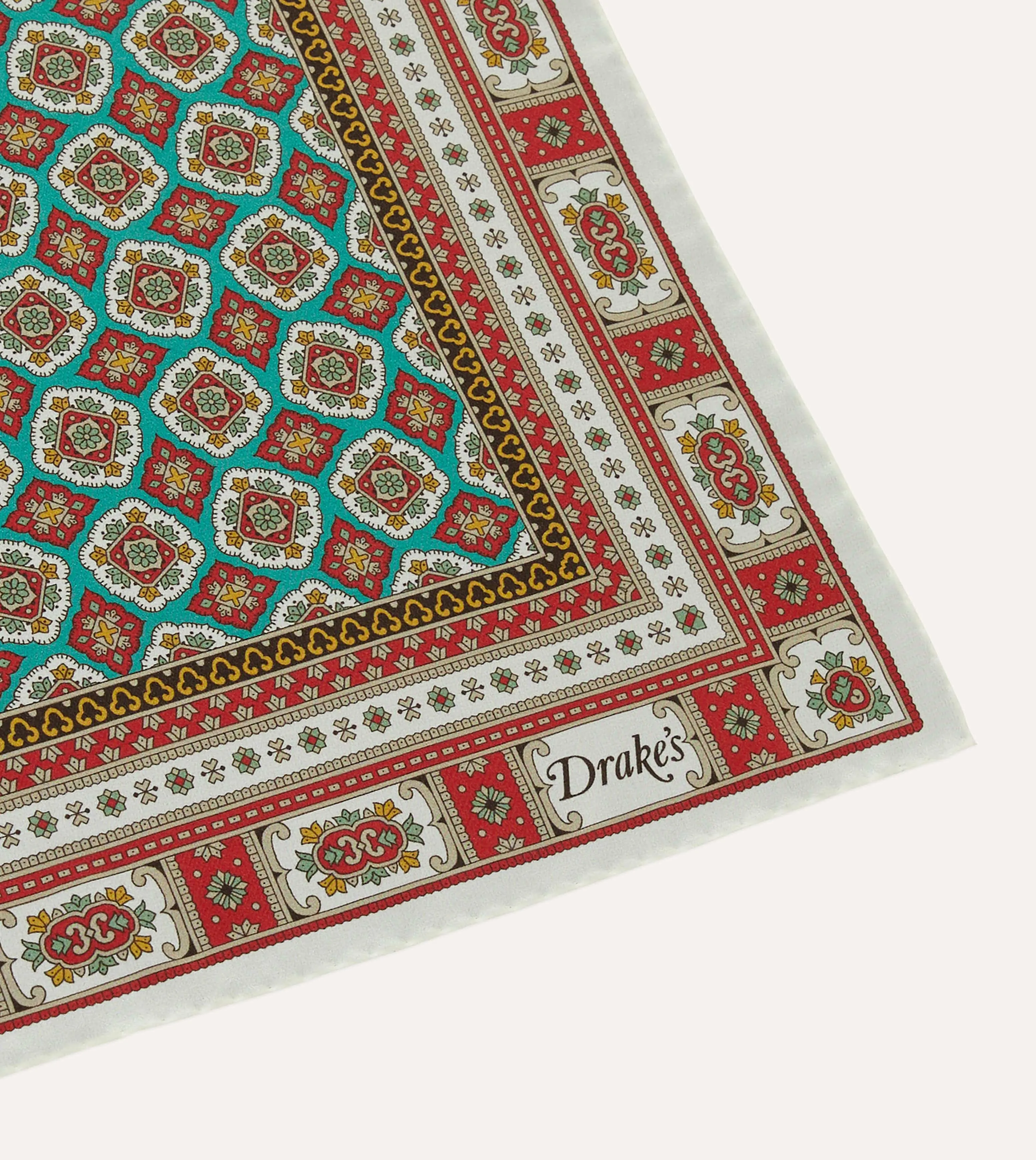 Ecru, Red and Gold Floral Medallion Print Silk Pocket Square sold by Drake's London product image thumbnail 3