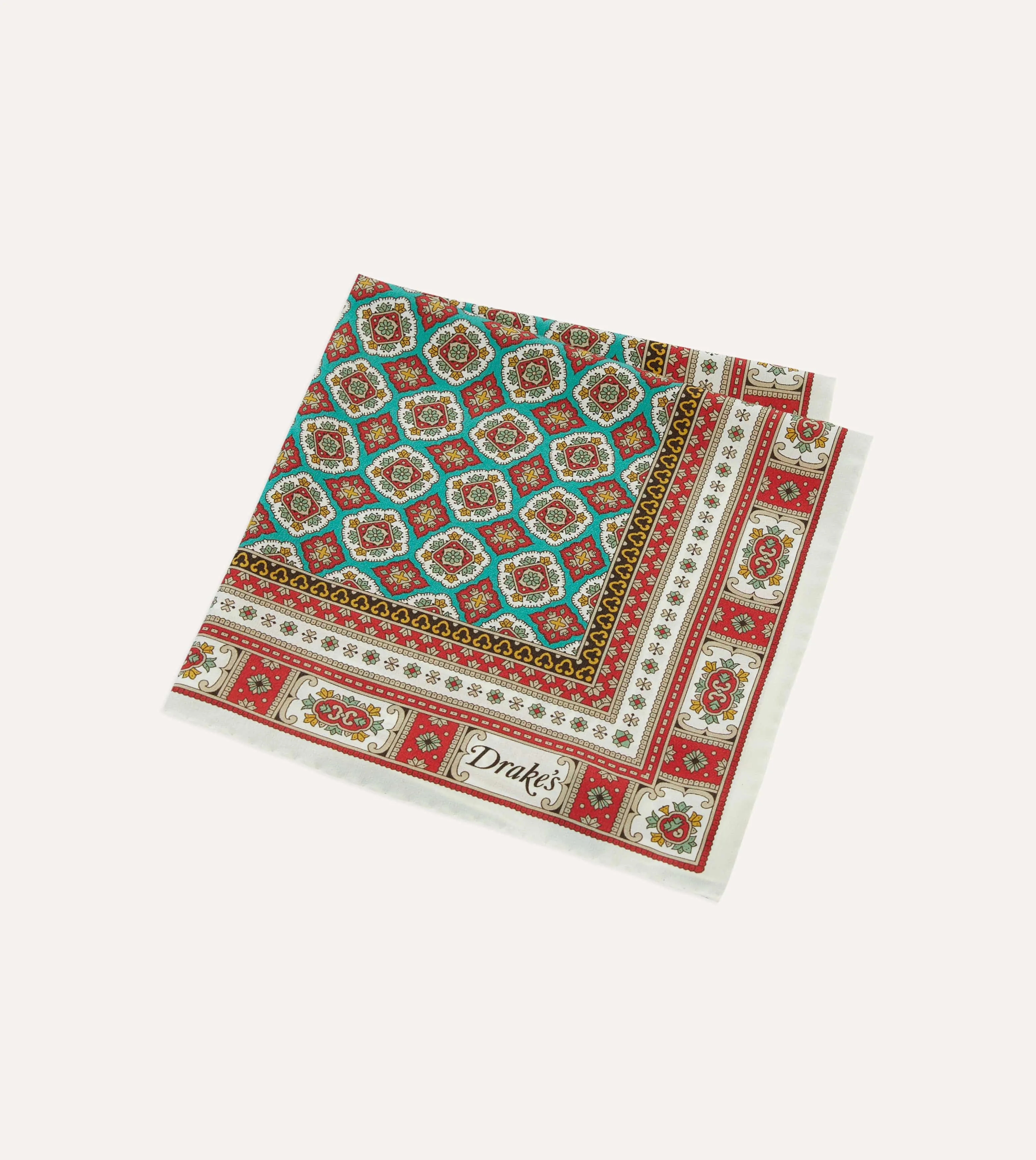 Ecru, Red and Gold Floral Medallion Print Silk Pocket Square sold by Drake's London product image thumbnail 4