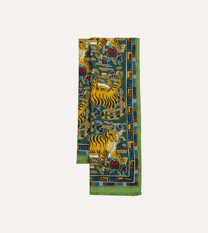Green Tiger Print Wool-Silk Scarf sold by Drake's London