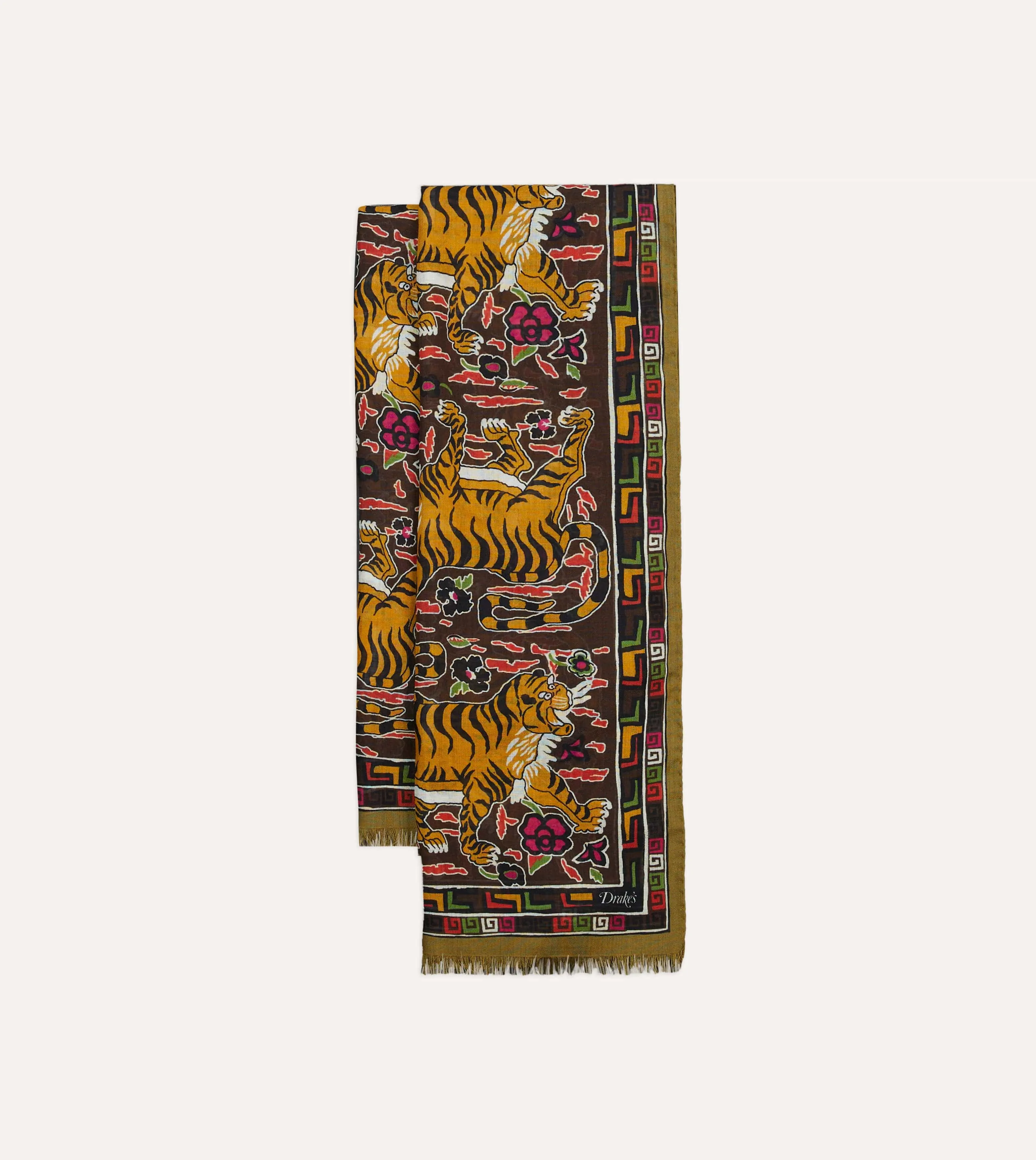 Brown Tiger Print Wool-Silk Scarf sold by Drake's London