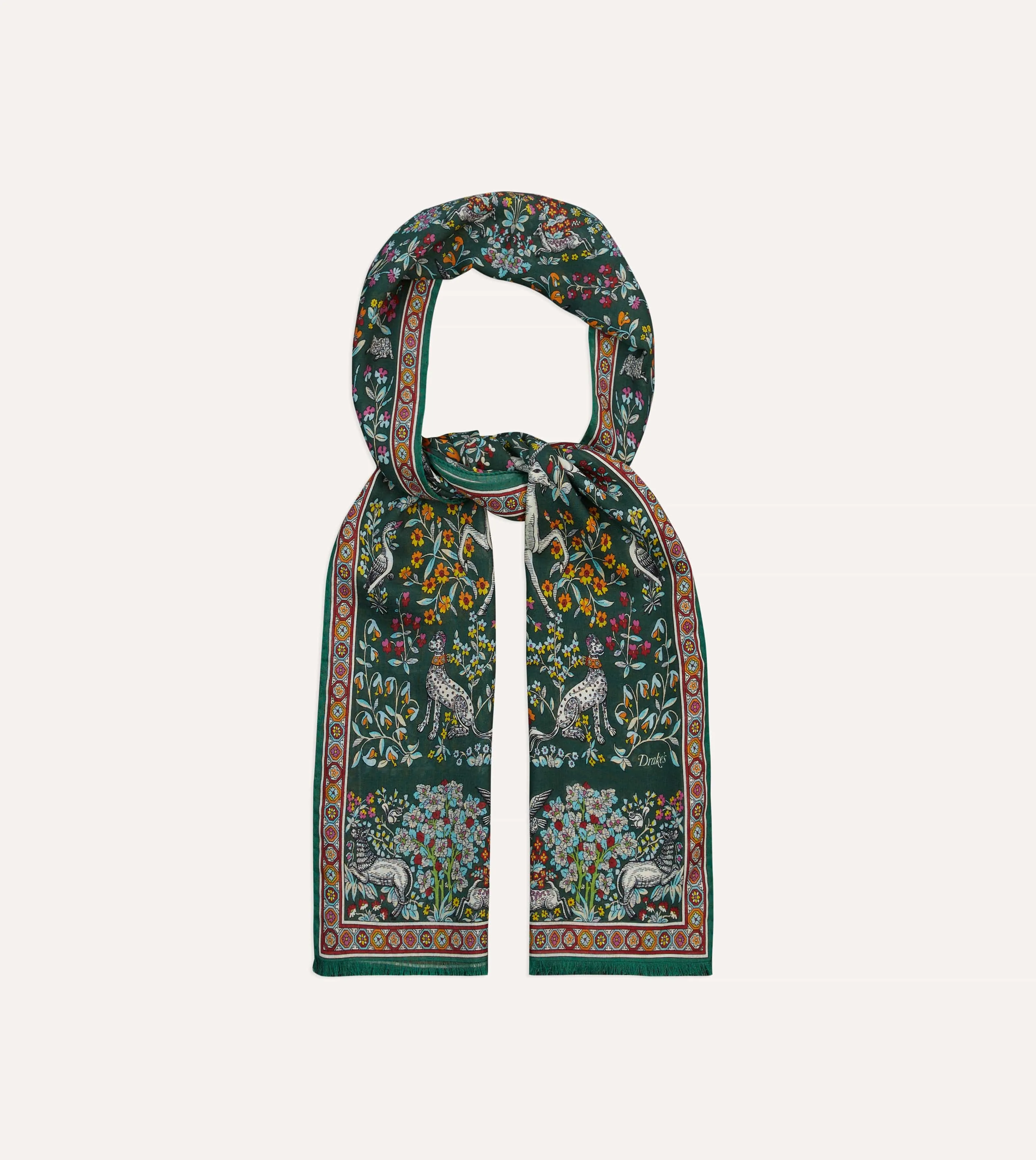 Green Forest Animals Print Wool-Silk Scarf sold by Drake's London product image thumbnail 4