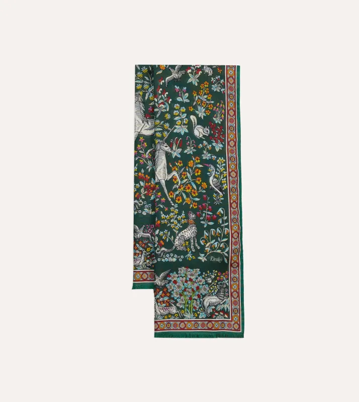 Green Forest Animals Print Wool-Silk Scarf sold by Drake's London