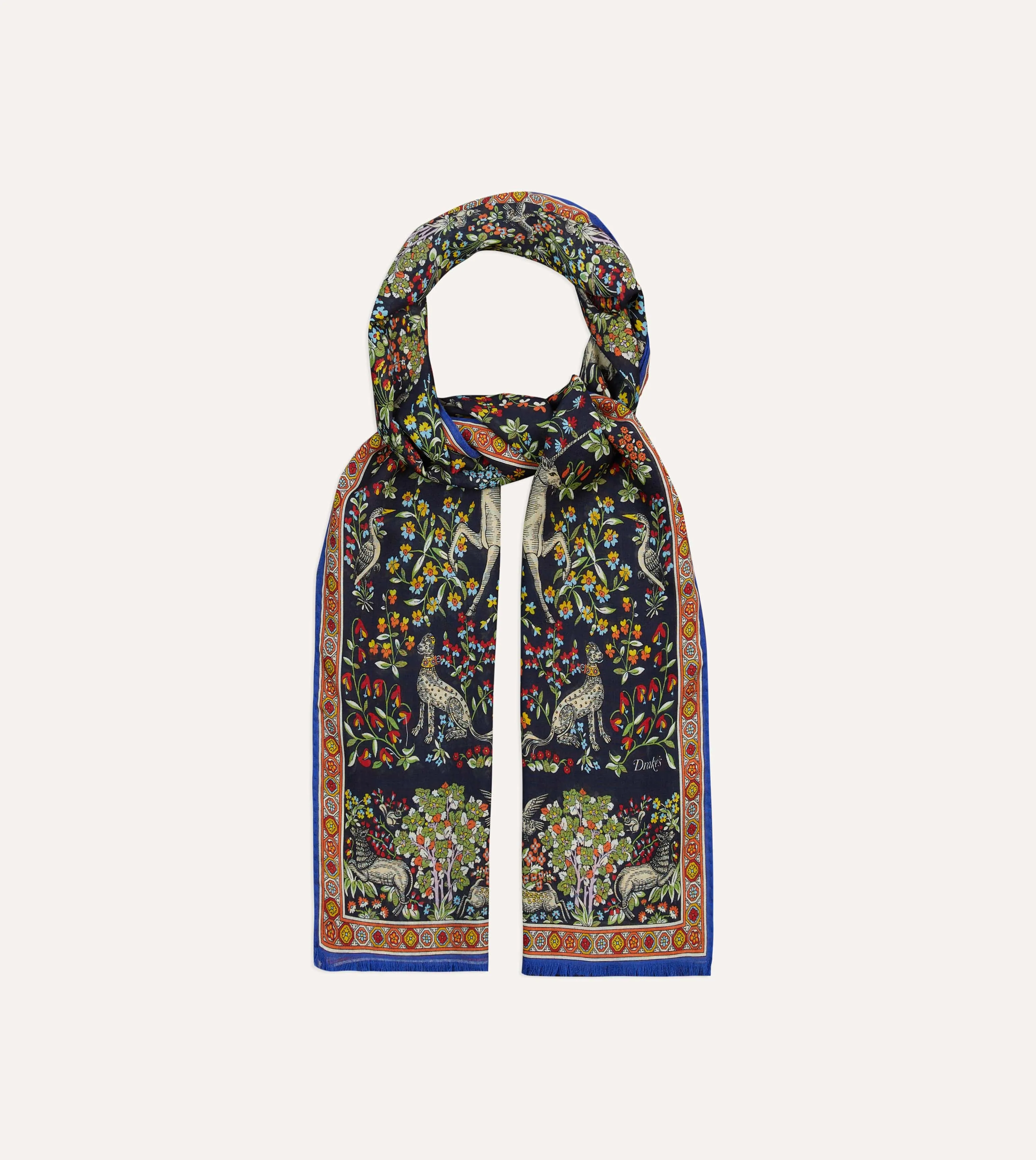 Navy Forest Animals Print Wool-Silk Scarf sold by Drake's London product image thumbnail 4