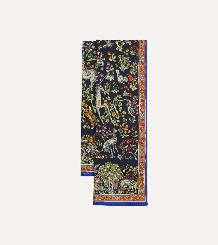 Navy Forest Animals Print Wool-Silk Scarf sold by Drake's London