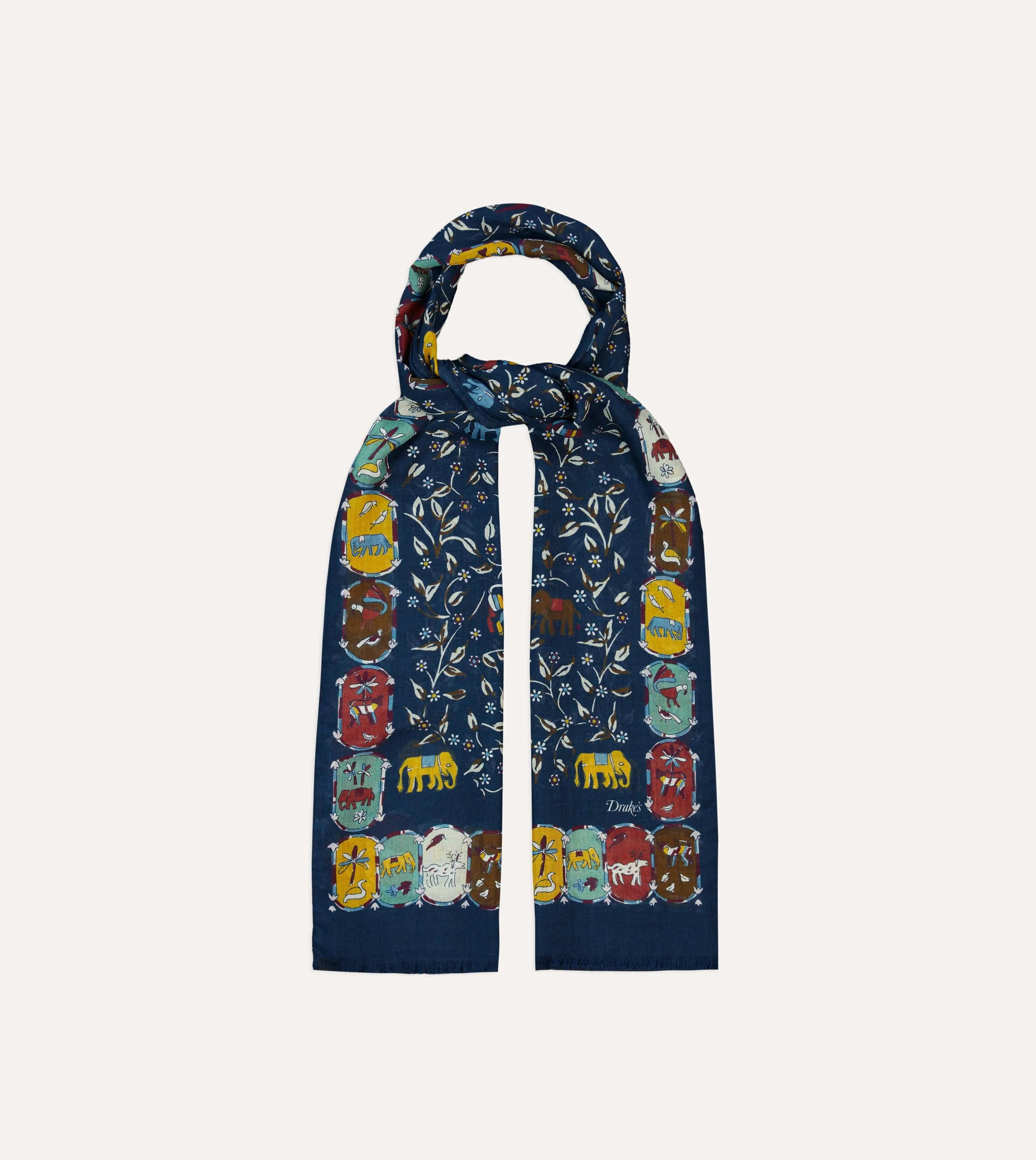 Navy Elephants and Flowers Print Wool-Silk Scarf sold by Drake's London product image thumbnail 4