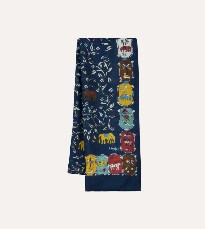 Navy Elephants and Flowers Print Wool-Silk Scarf sold by Drake's London