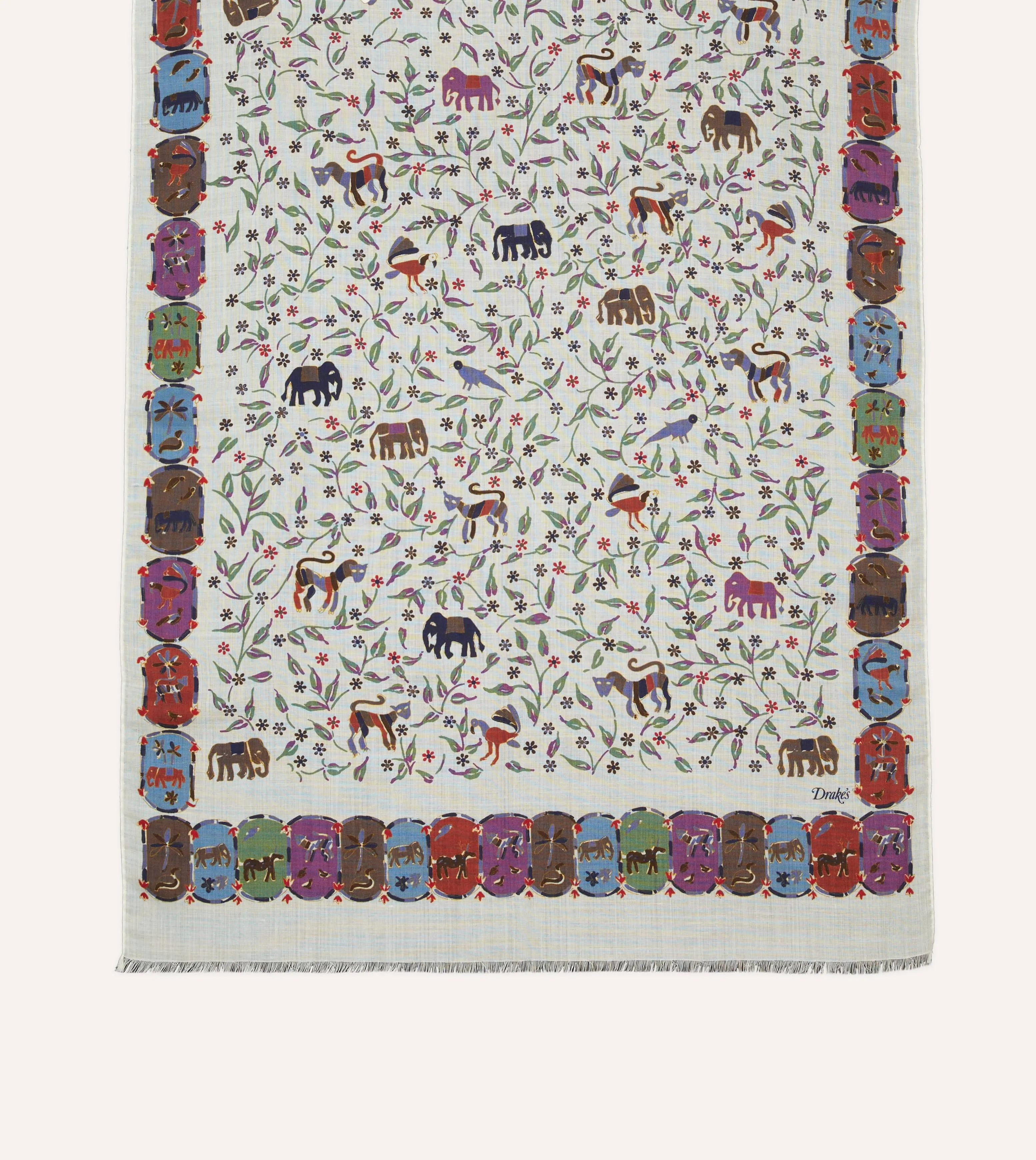 Ecru Elephants and Flowers Print Wool-Silk Scarf sold by Drake's London product image thumbnail 3