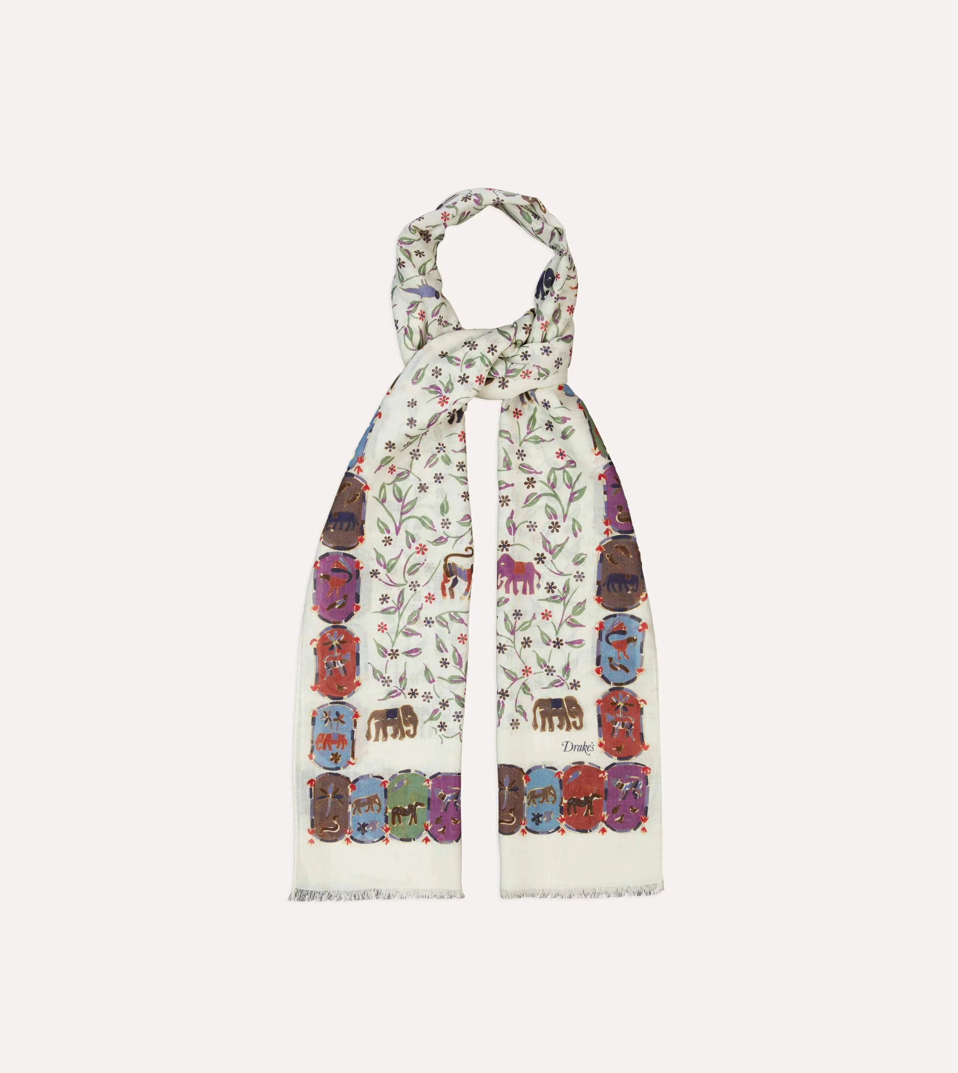 Ecru Elephants and Flowers Print Wool-Silk Scarf sold by Drake's London product image thumbnail 4