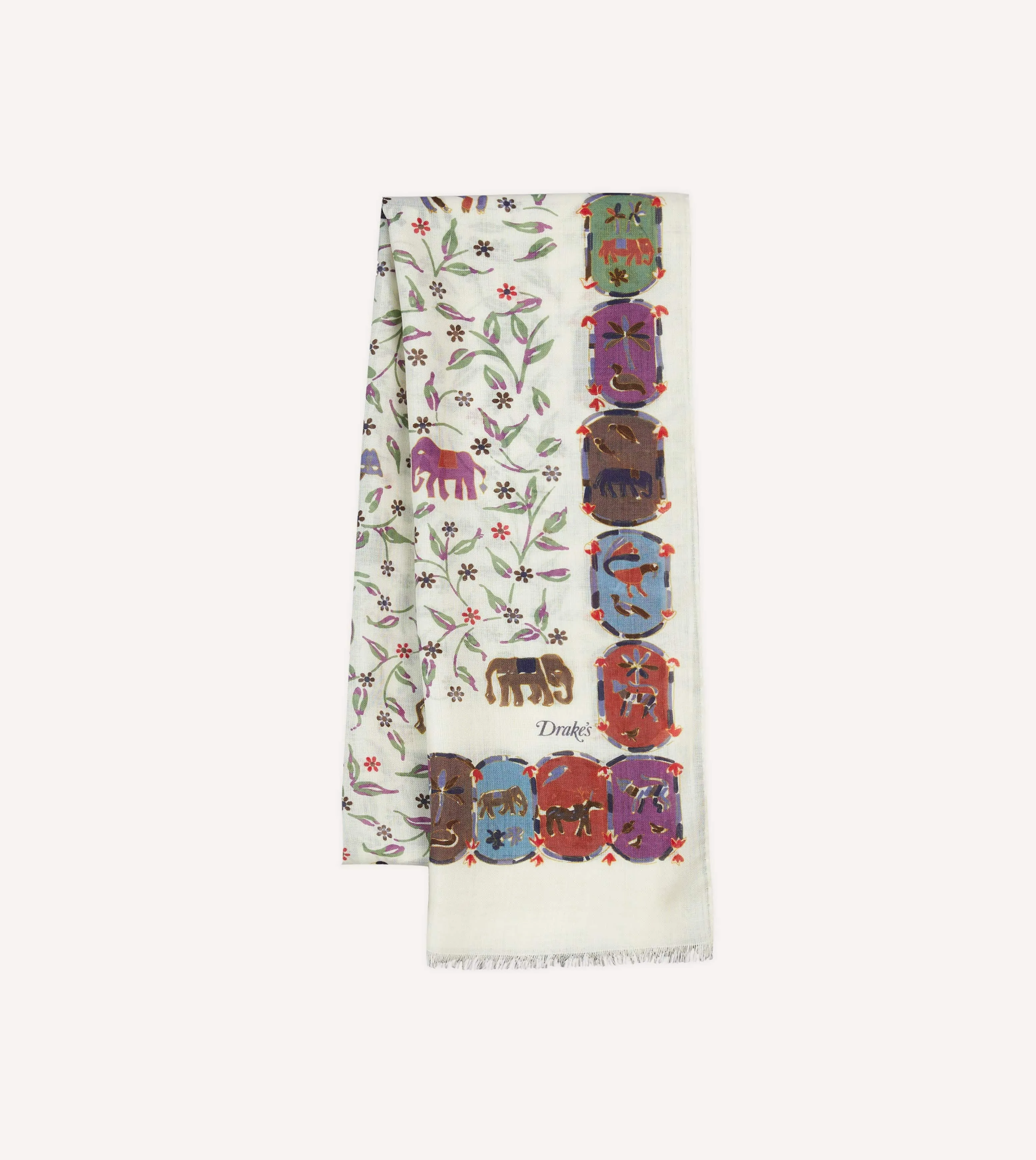 Ecru Elephants and Flowers Print Wool-Silk Scarf sold by Drake's London