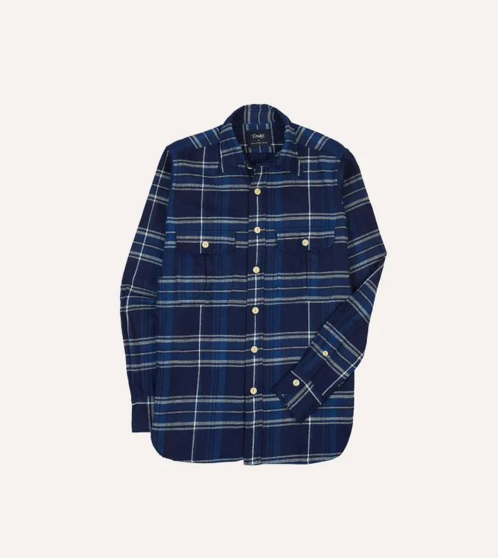 Blue Check Cotton Long Point Collar Work Shirt sold by Drake's London