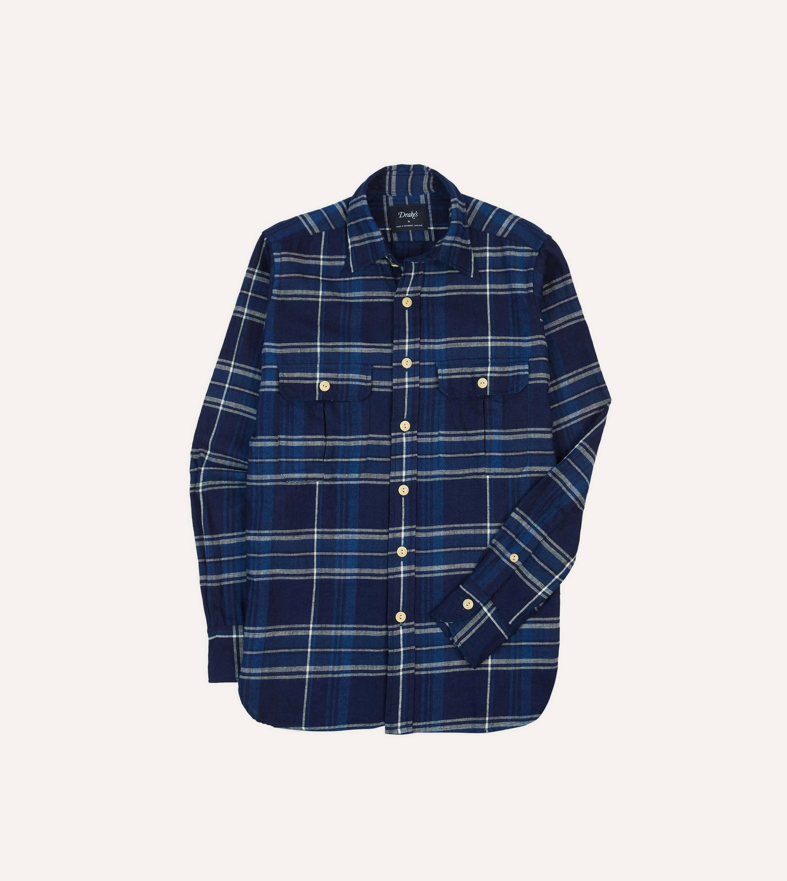 Blue Check Cotton Long Point Collar Work Shirt sold by Drake's London