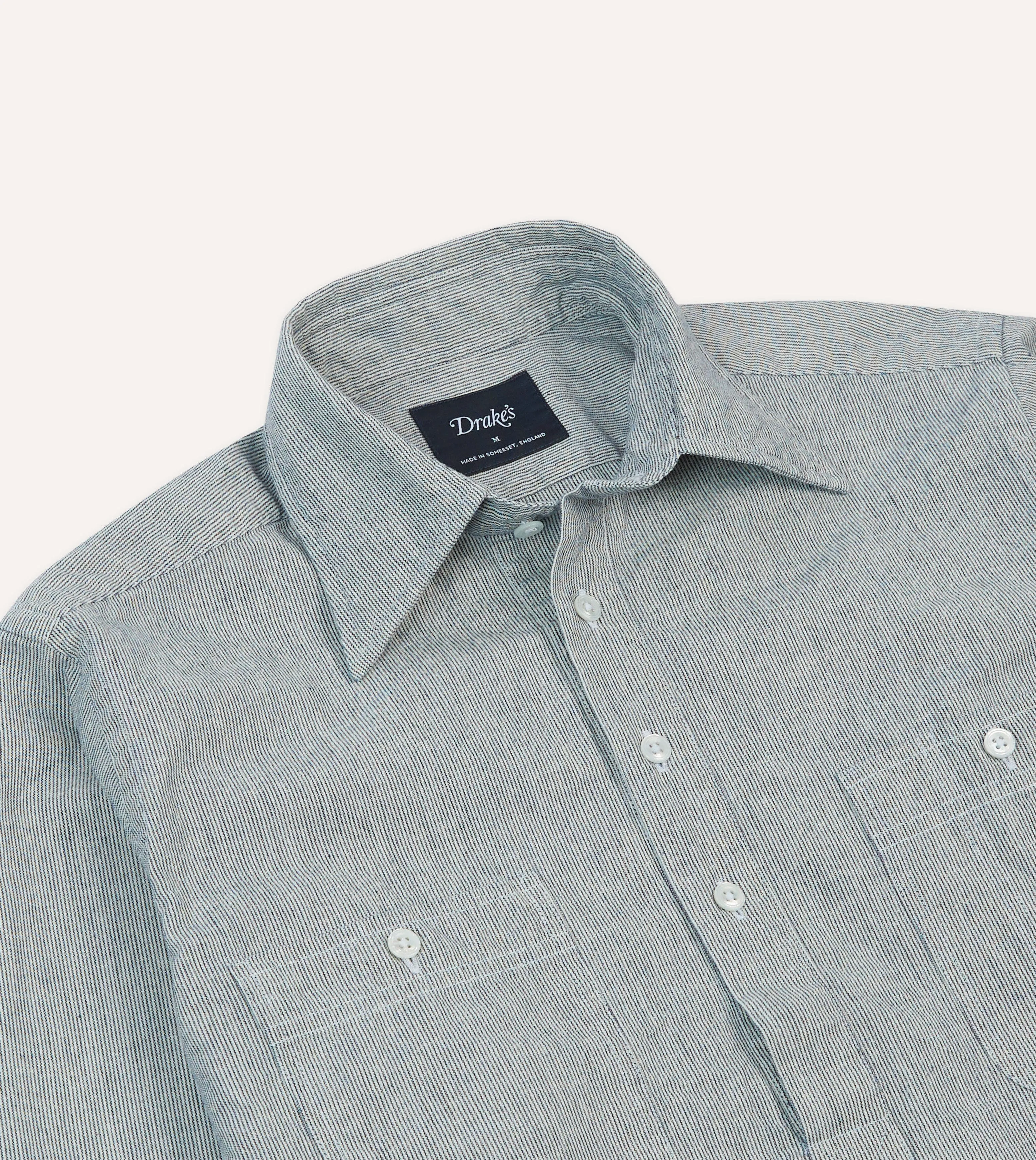 Blue Hickory Stripe Cotton Long Point Collar Popover Shirt sold by Drake's London product image thumbnail 3