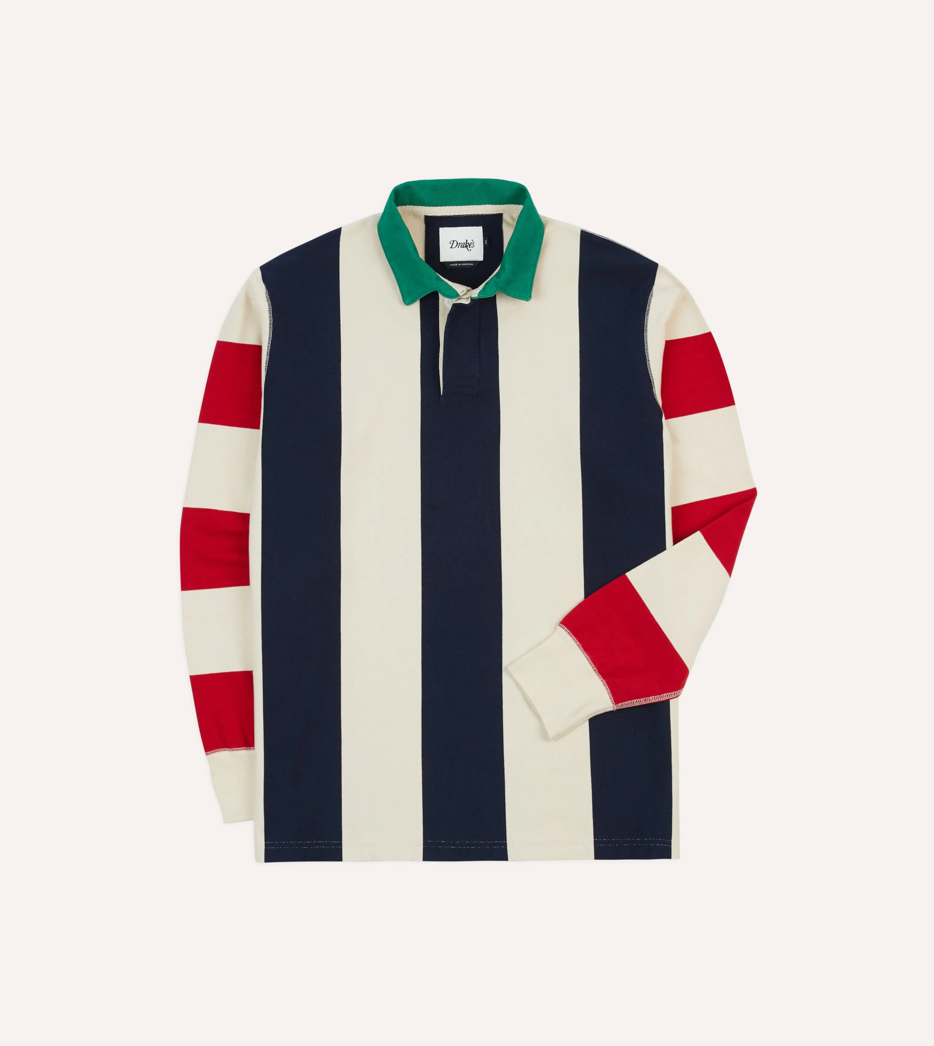 Navy, Red and Ecru Vertical Block Stripe Cotton Rugby Shirt sold by Drake's London