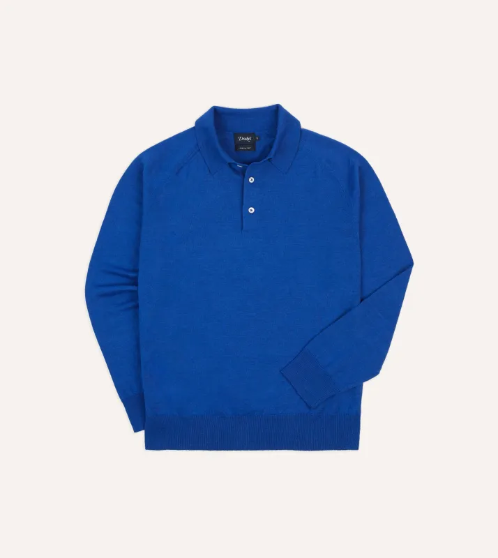 Blue Linen-Cotton Knitted Long-Sleeve Polo Shirt made by Drake's London