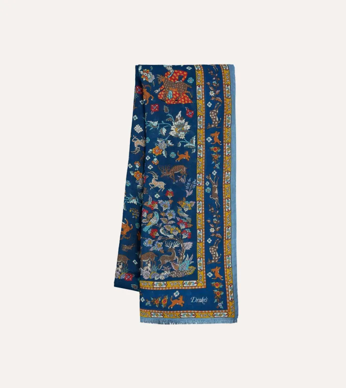 Navy Summer Mughal Print Wool Silk Scarf sold by Drake's London