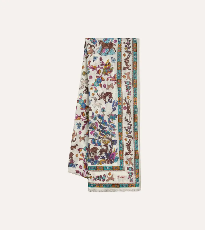 Ecru Summer Mughal Print Wool Silk Scarf sold by Drake's London