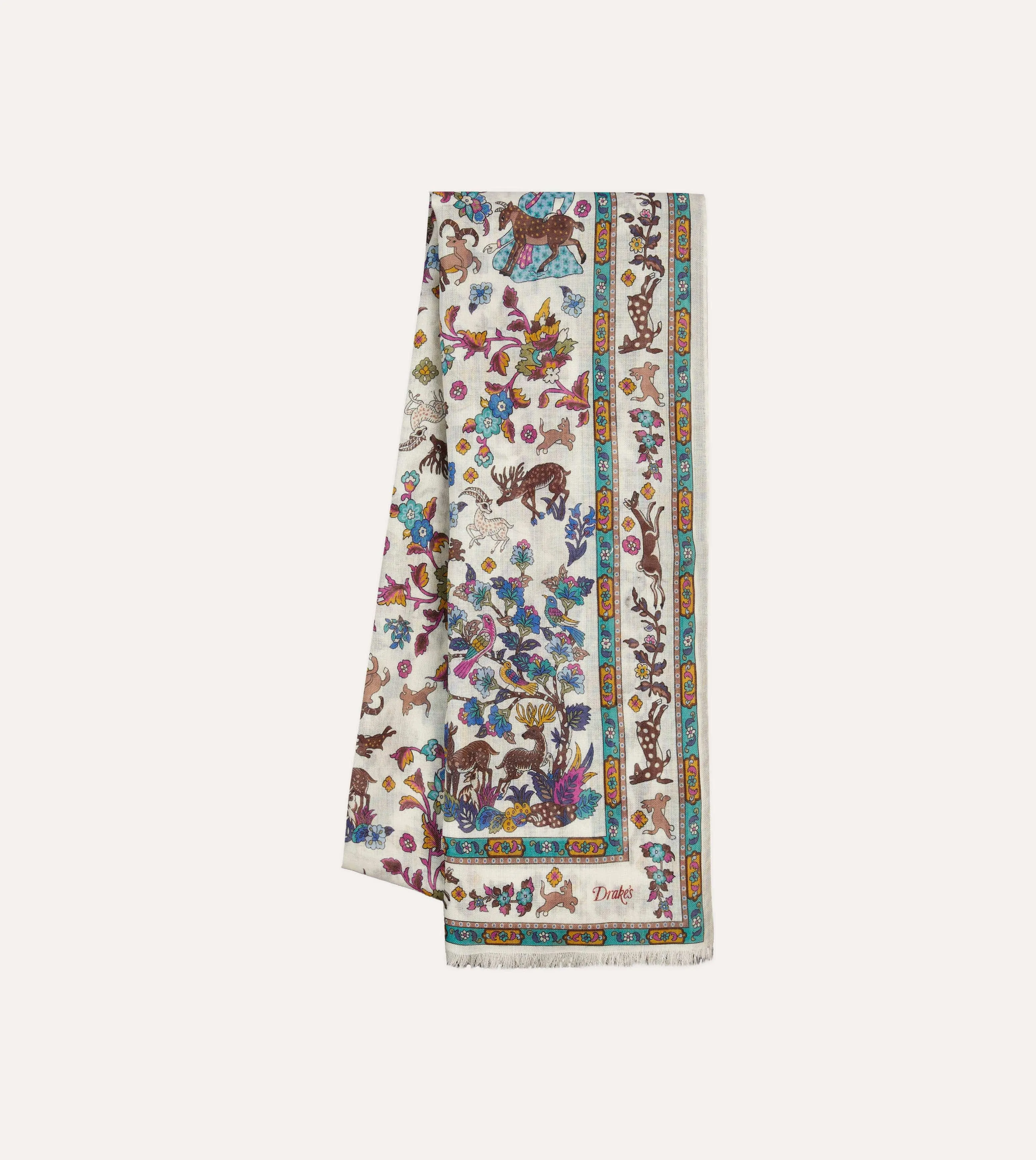 Ecru Summer Mughal Print Wool Silk Scarf sold by Drake's London