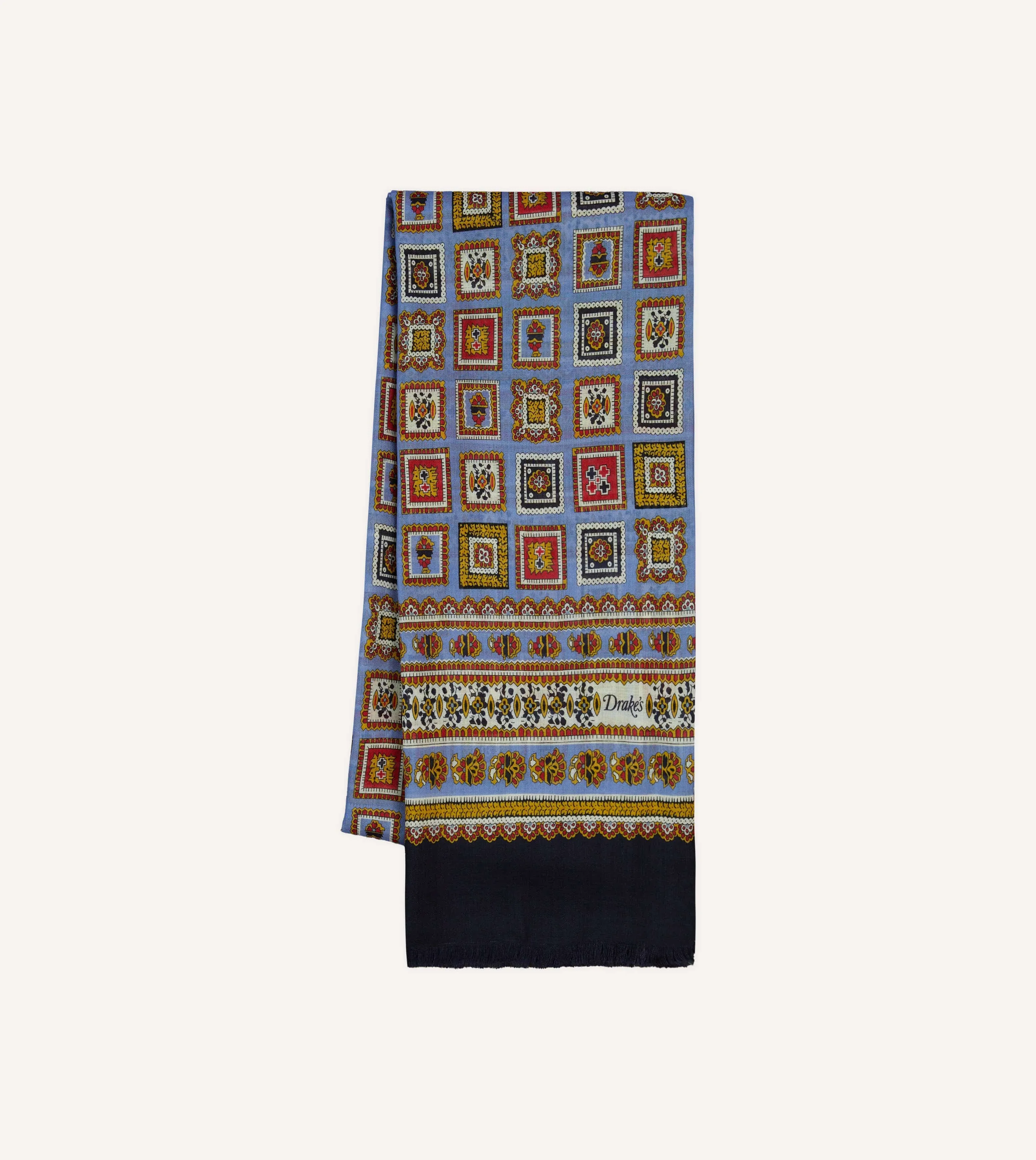 Blue and Black Medallion Print Tubular Wool Silk Scarf sold by Drake's London