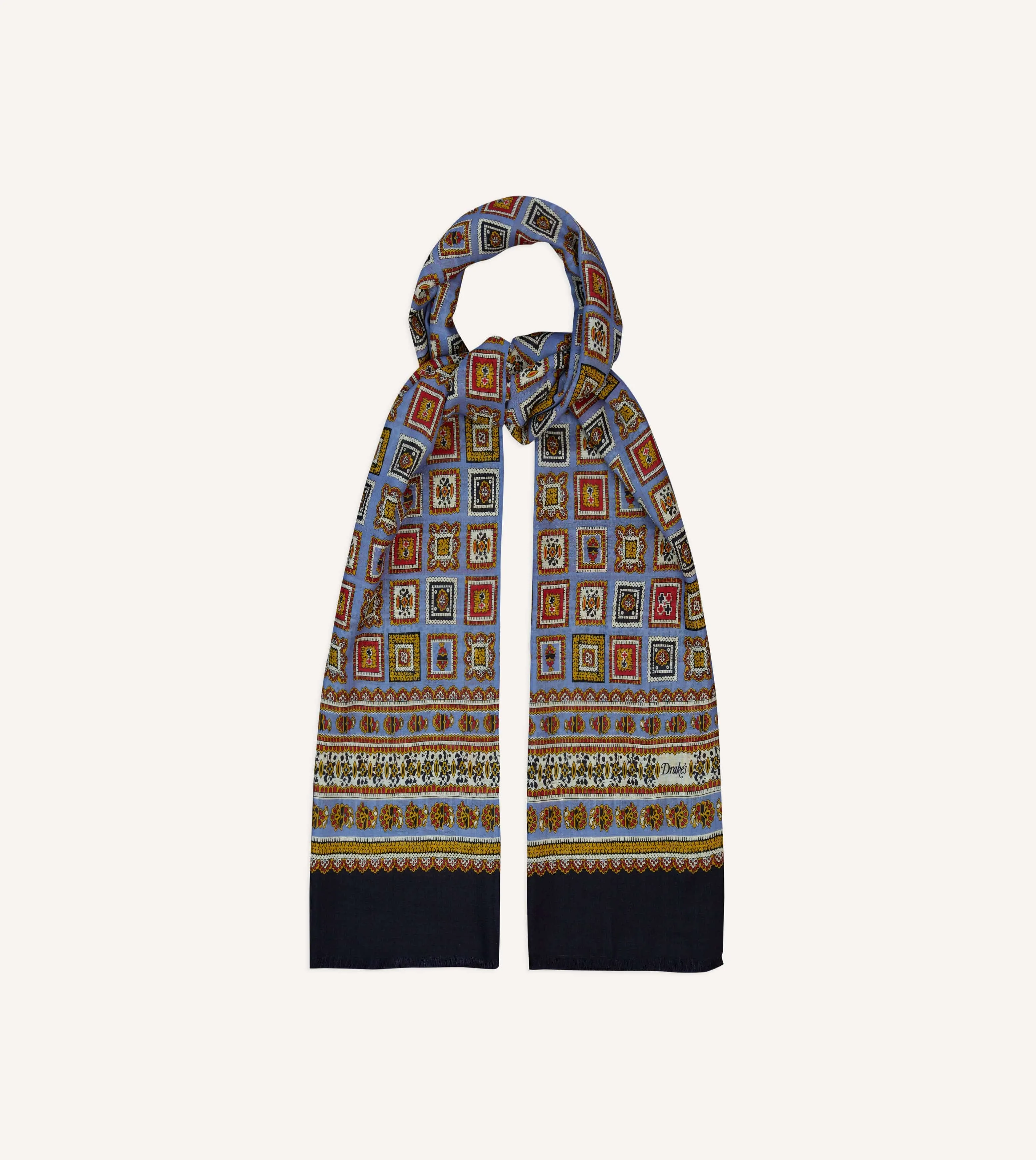 Blue and Black Medallion Print Tubular Wool Silk Scarf sold by Drake's London product image thumbnail 4