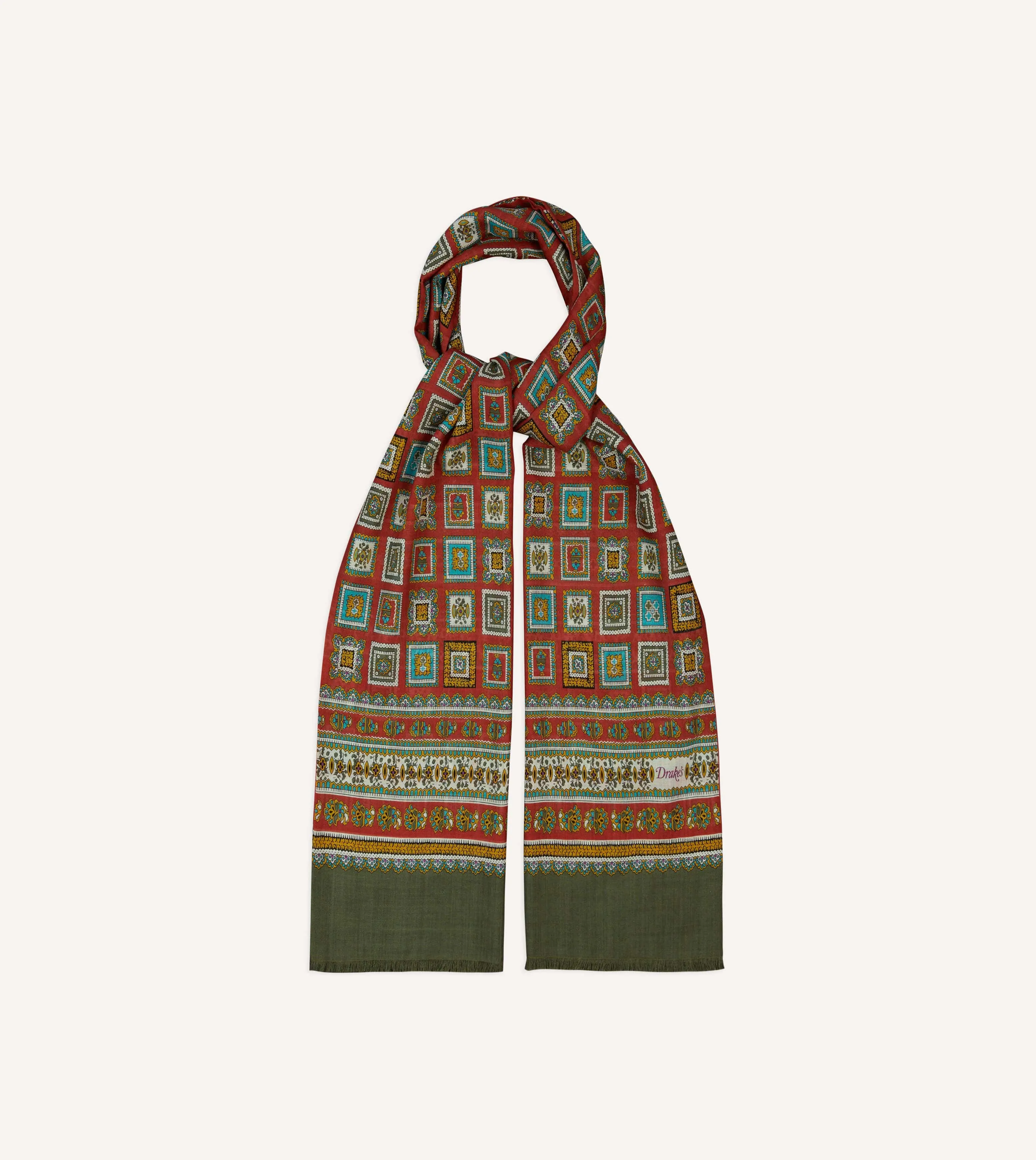 Red and Green Medallion Print Tubular Wool Silk Scarf sold by Drake's London product image thumbnail 4