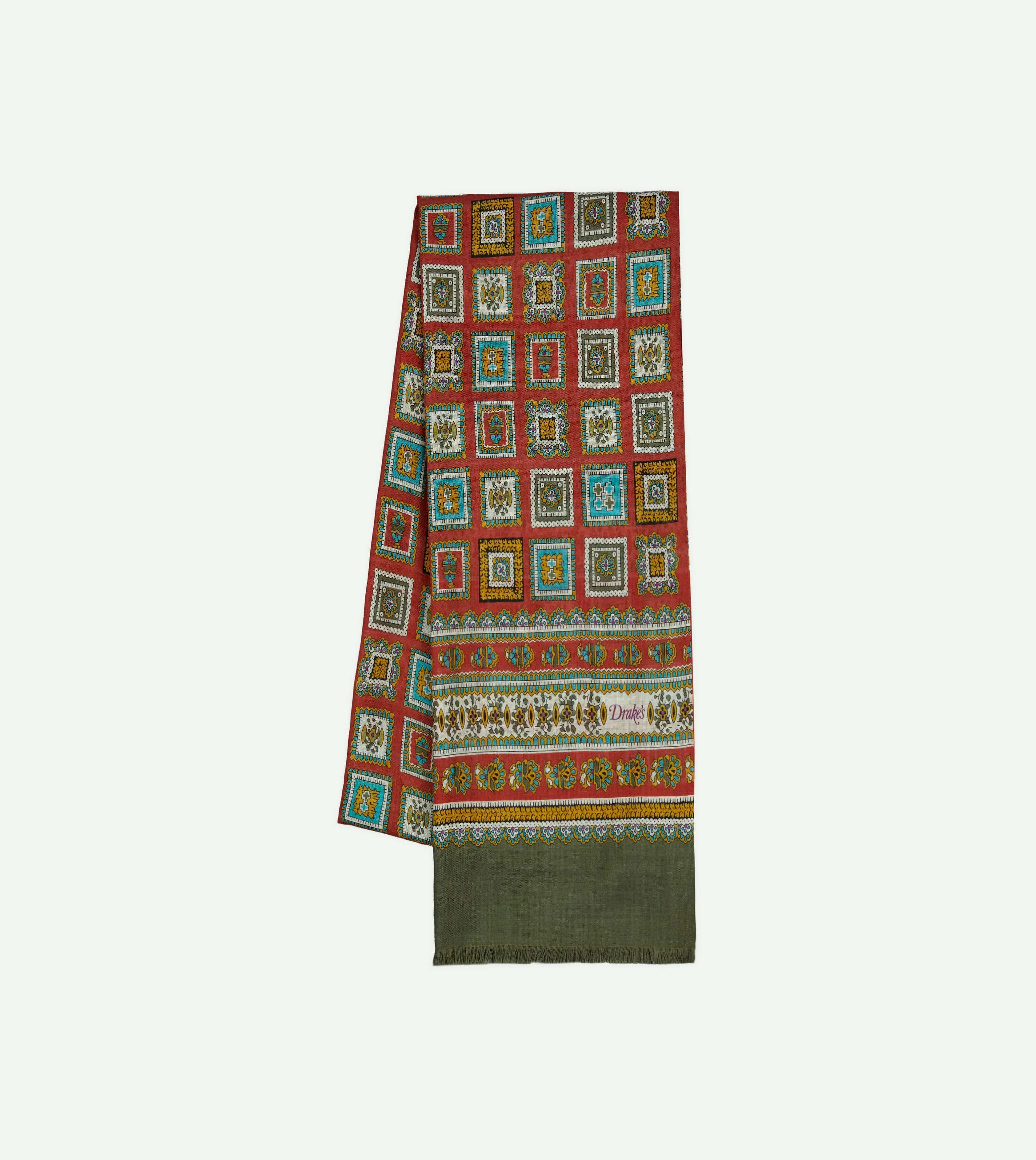 Red and Green Medallion Print Tubular Wool Silk Scarf sold by Drake's London