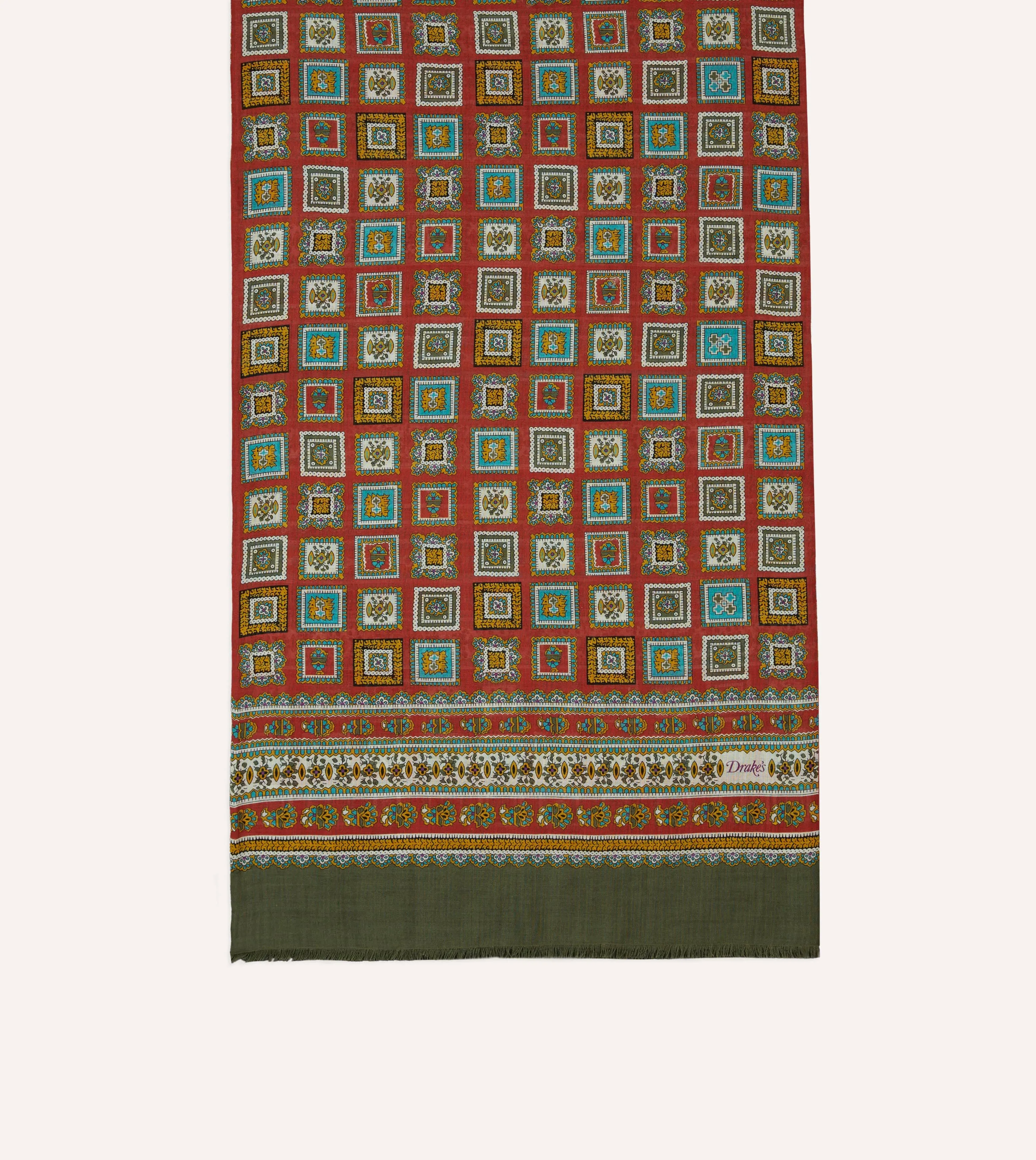 Red and Green Medallion Print Tubular Wool Silk Scarf sold by Drake's London product image thumbnail 3