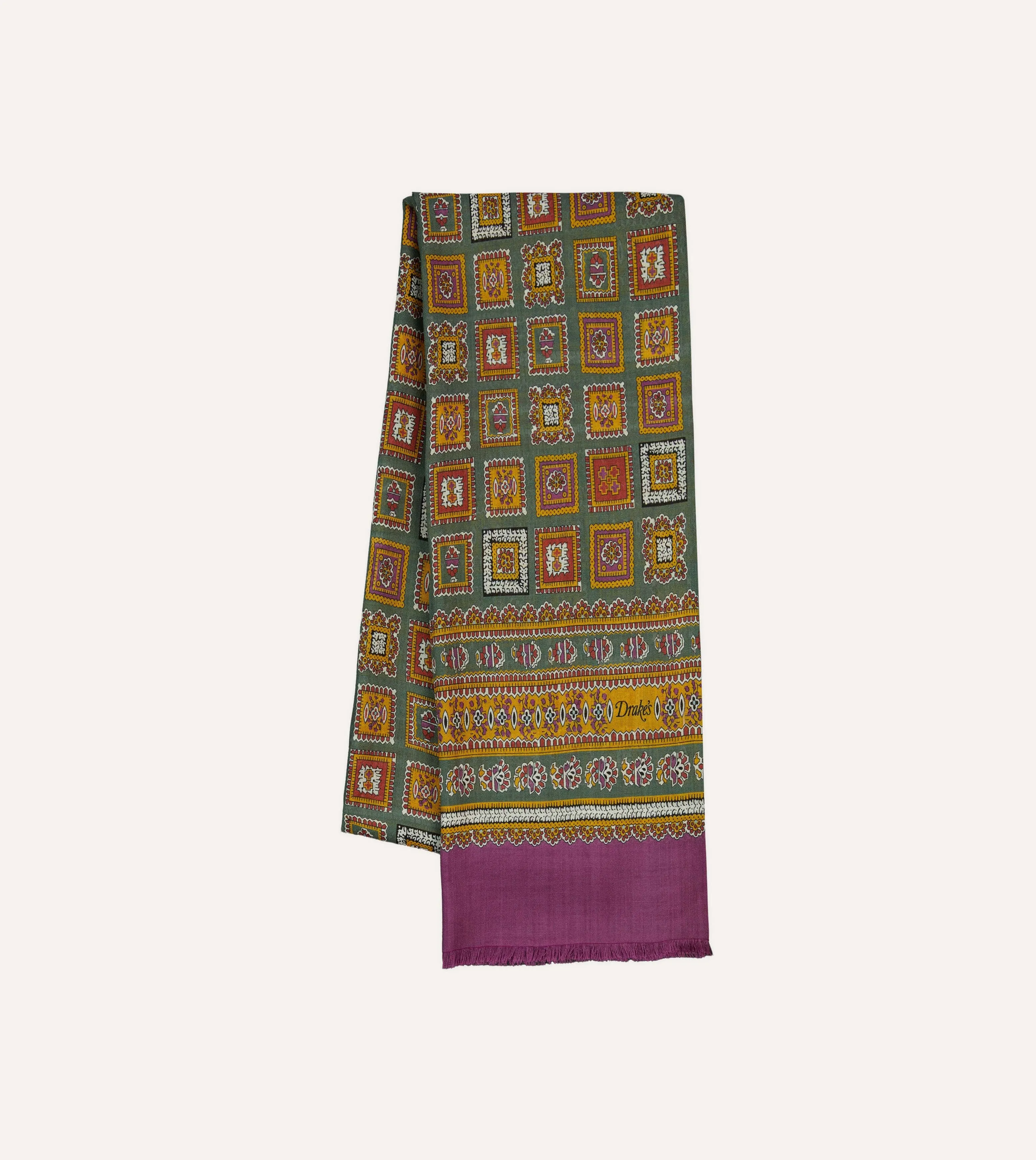 Purple and Green Medallion Print Tubular Wool Silk Scarf sold by Drake's London