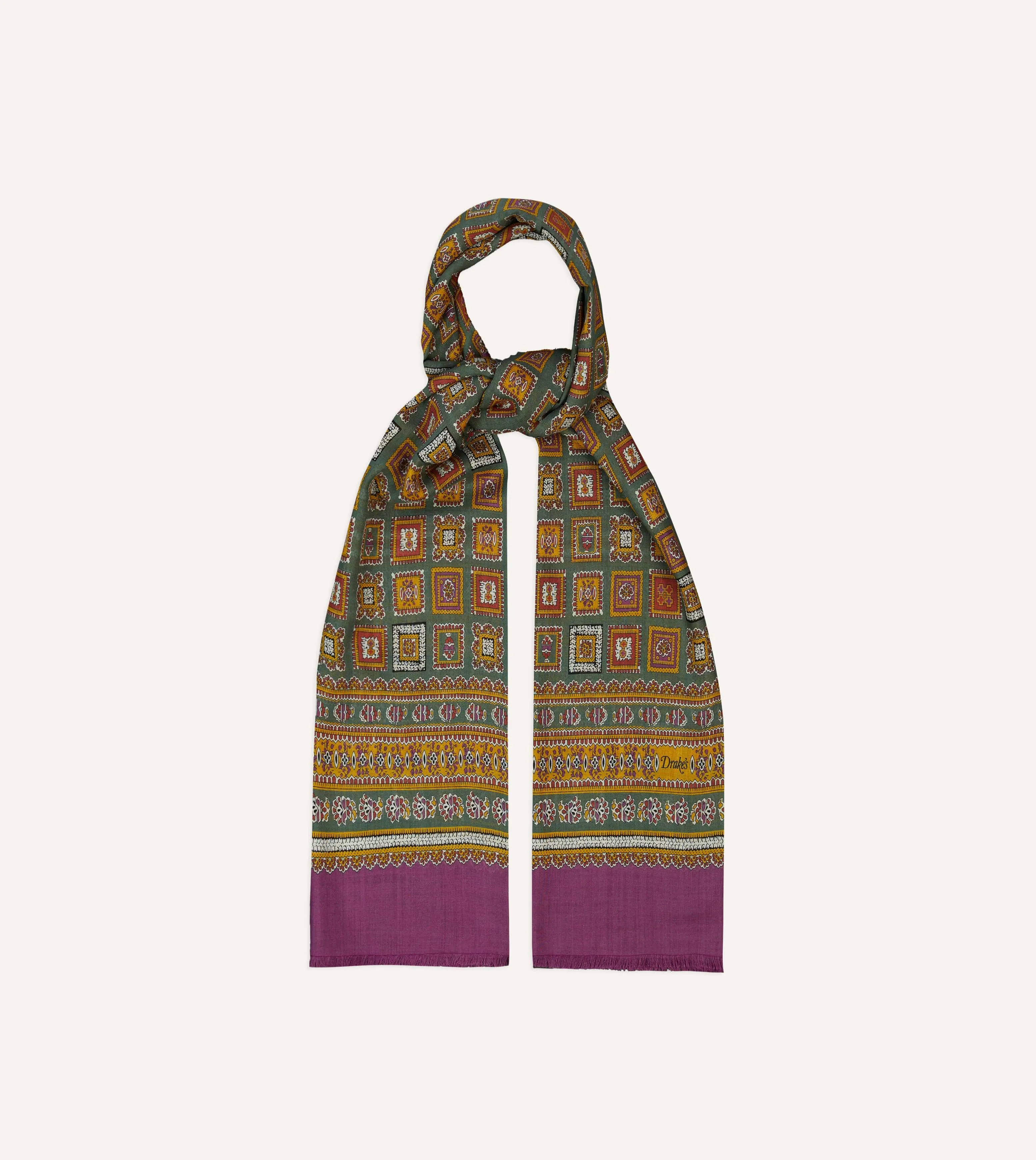 Purple and Green Medallion Print Tubular Wool Silk Scarf sold by Drake's London product image thumbnail 4