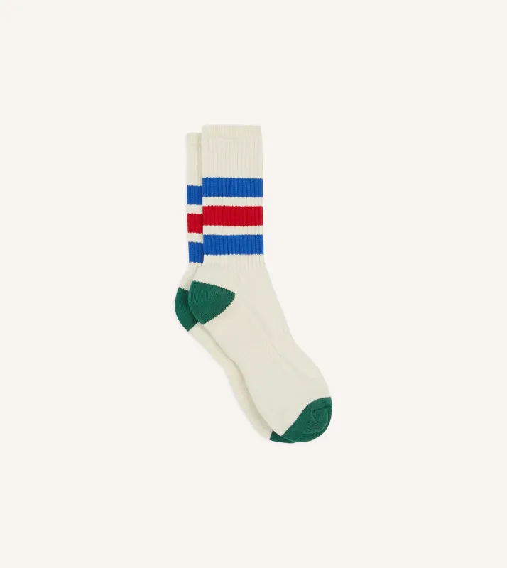 Ecru, Blue and Red 3 Stripe Cotton Sports Sock sold by Drake's London