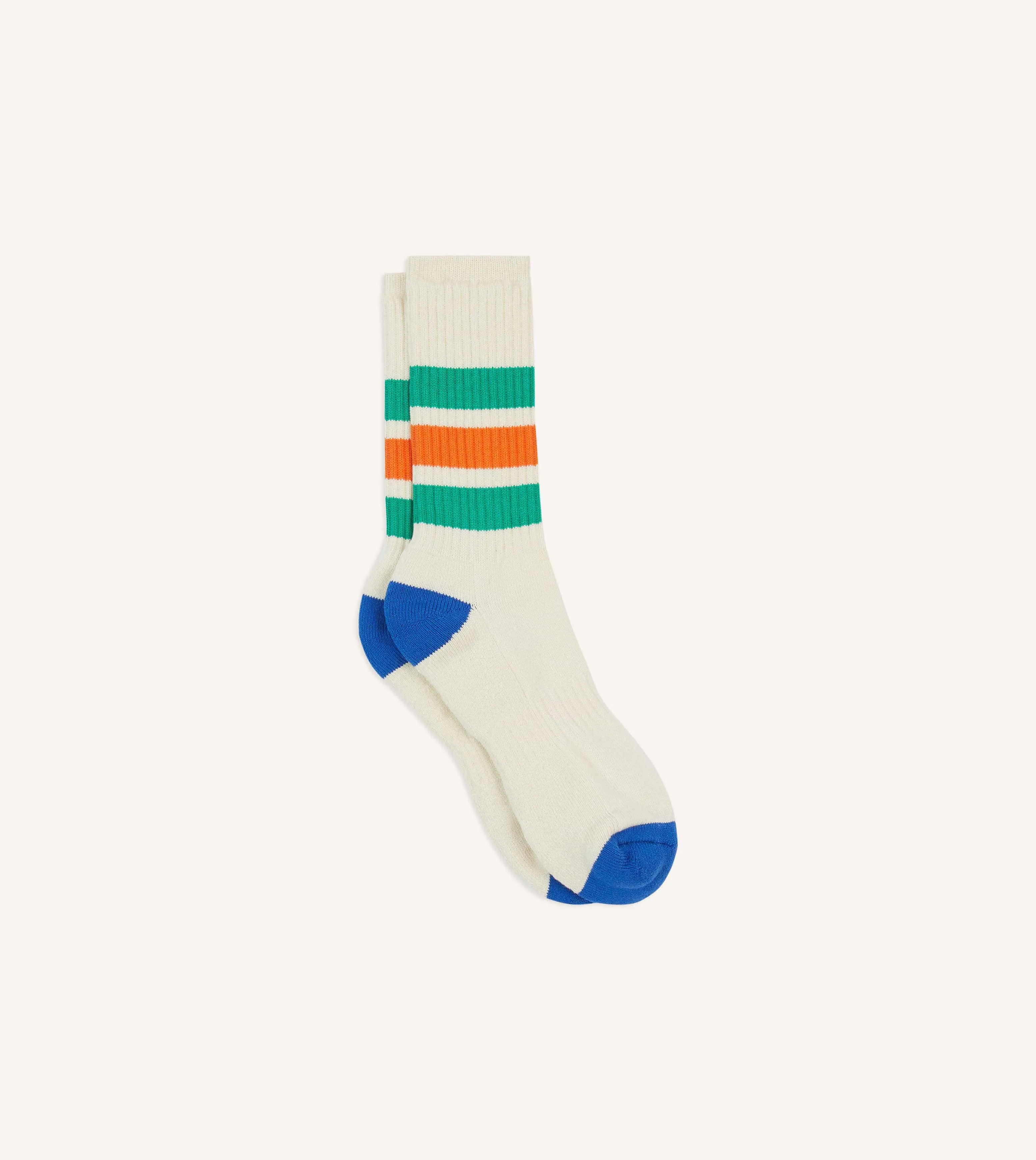 Ecru, Green and Orange 3 Stripe Cotton Sports Sock sold by Drake's London