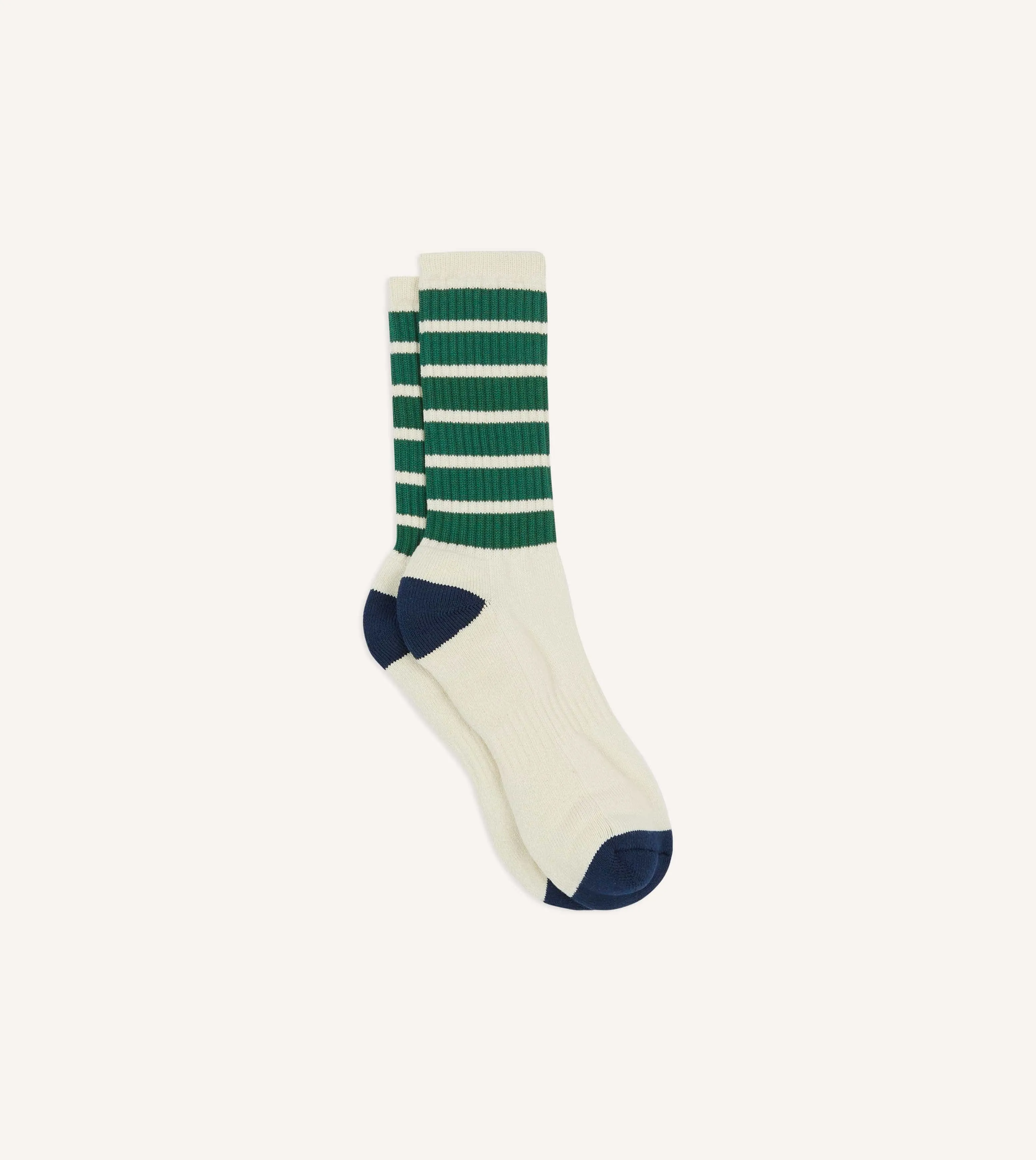 Ecru and Green 6 Stripe Cotton Sports Sock sold by Drake's London