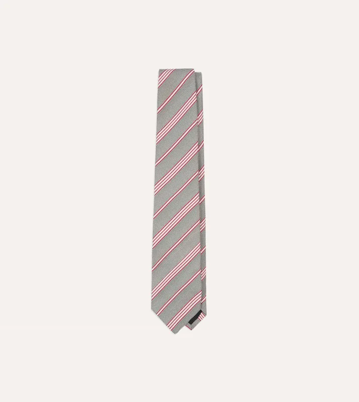 Grey, Red and Ecru Twill Stripe Tipped Silk Grenadine Tie sold by Drake's London