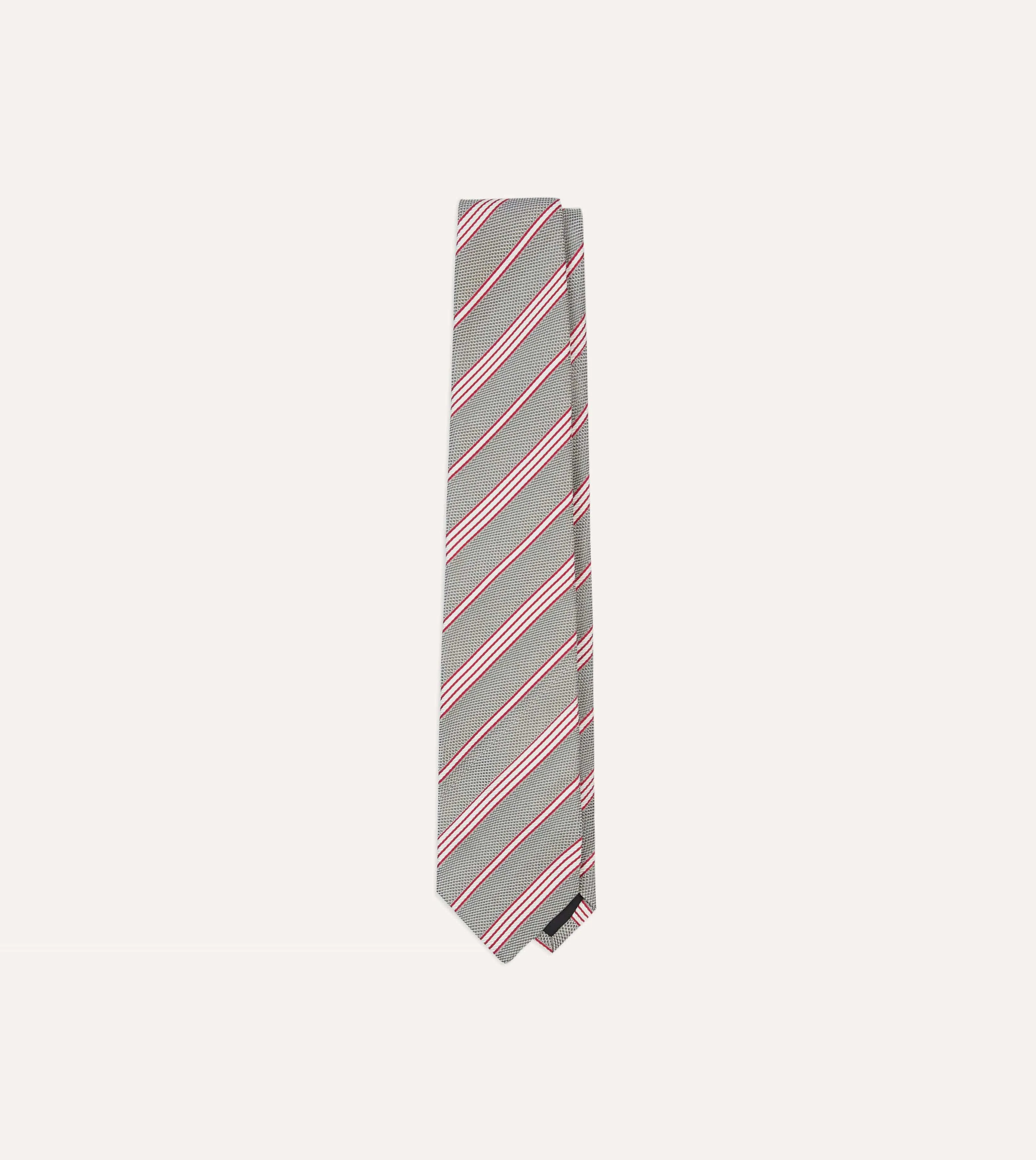 Grey, Red and Ecru Twill Stripe Tipped Silk Grenadine Tie sold by Drake's London