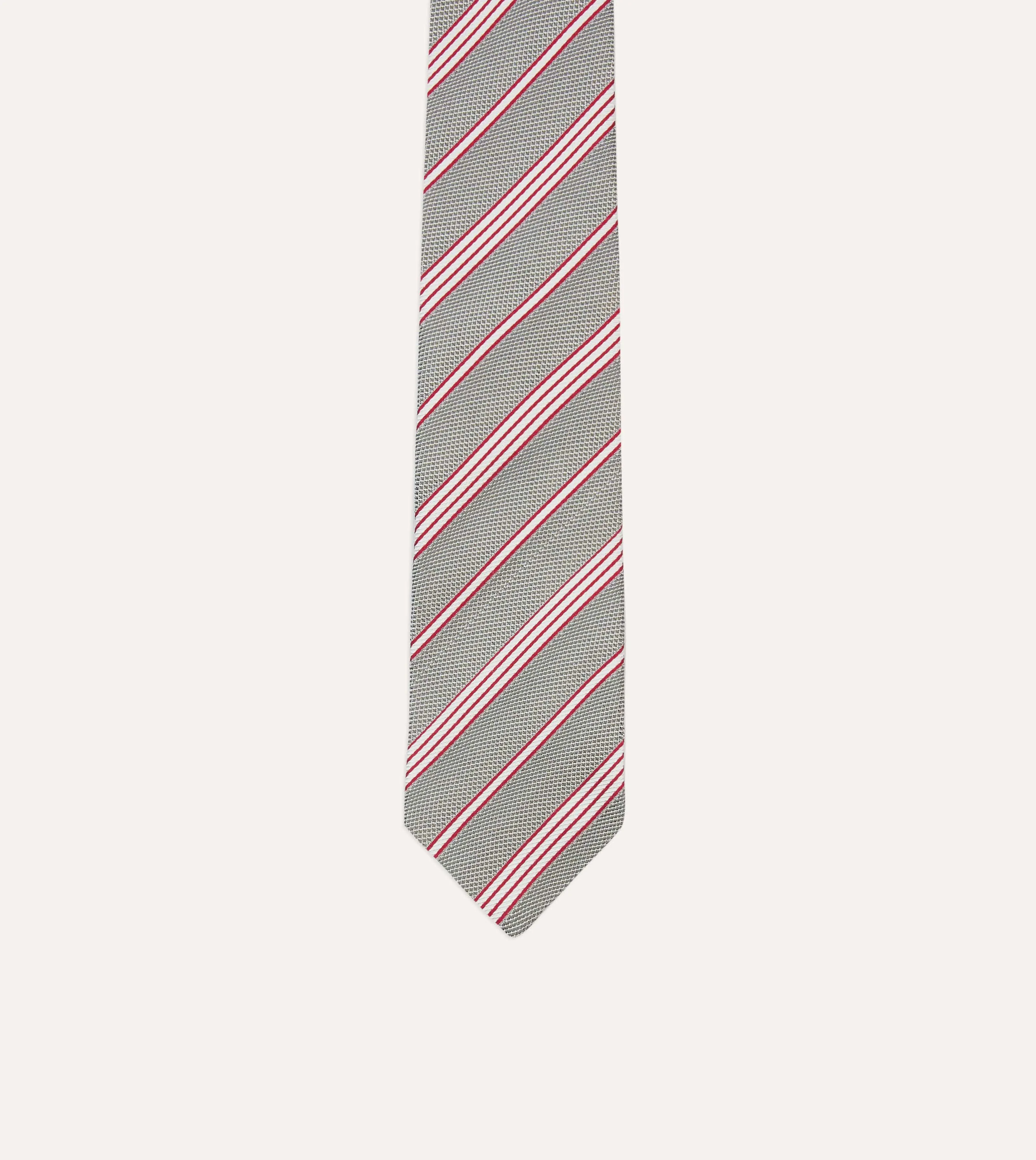 Grey, Red and Ecru Twill Stripe Tipped Silk Grenadine Tie sold by Drake's London product image thumbnail 3