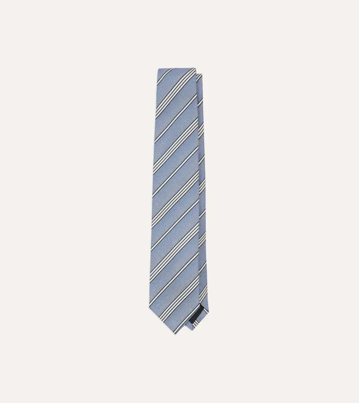 Blue, Navy and Ecru Twill Stripe Tipped Silk Grenadine Tie sold by Drake's London