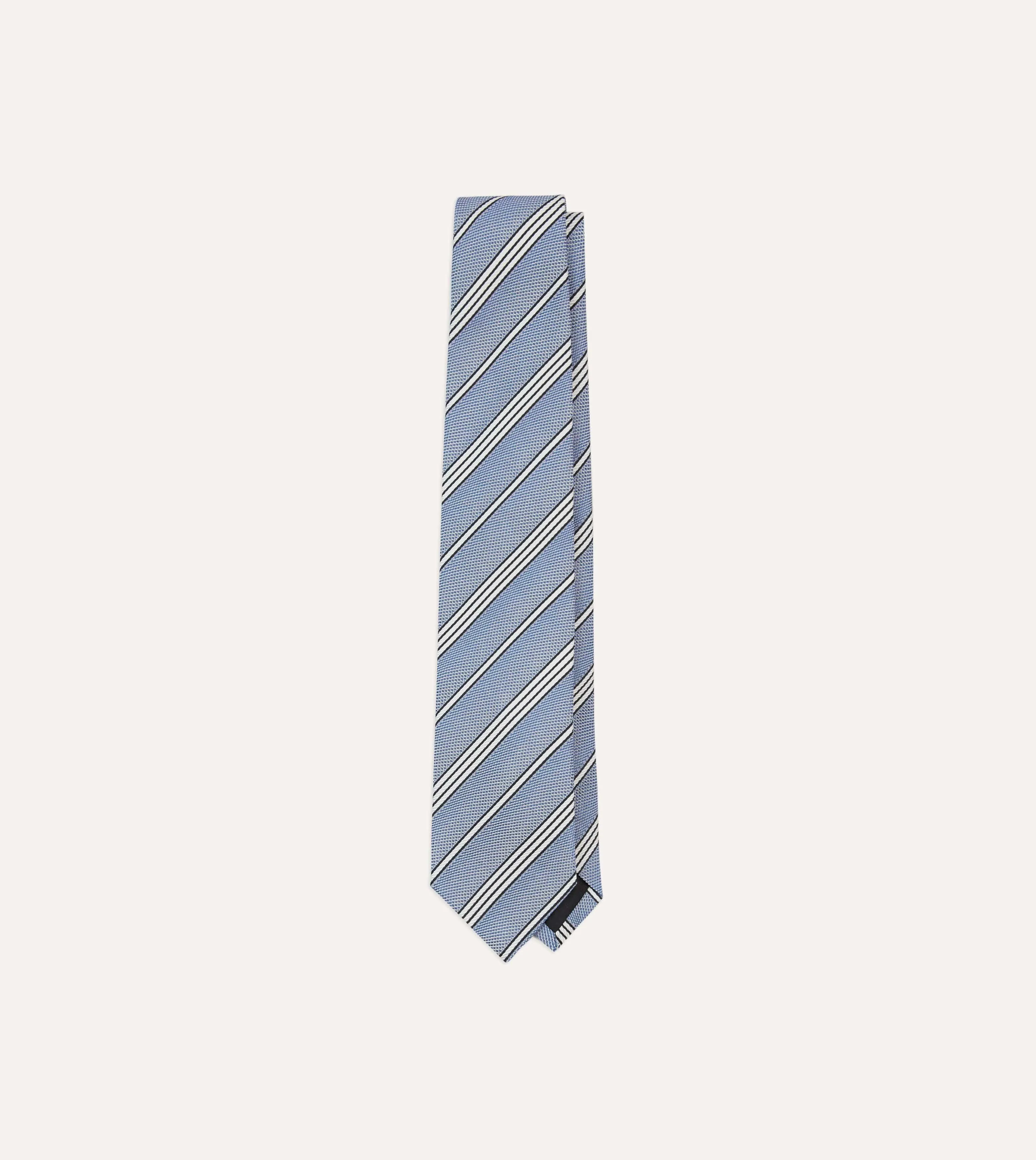 Blue, Navy and Ecru Twill Stripe Tipped Silk Grenadine Tie sold by Drake's London