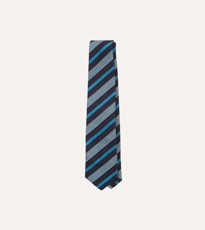 Navy, Blue and White Multi Stripe Mogador Silk Tipped Tie sold by Drake's London