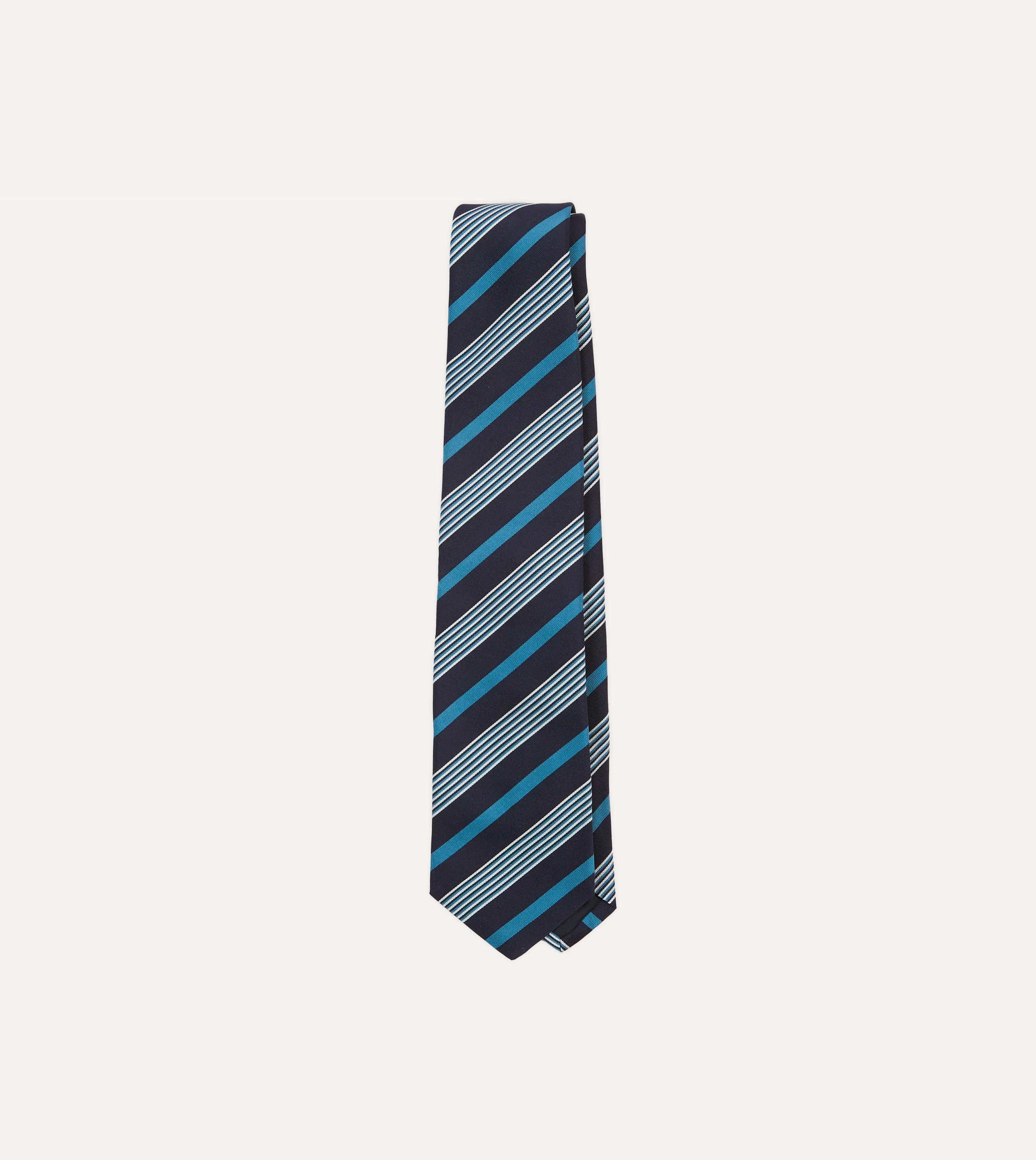 Navy, Blue and White Multi Stripe Mogador Silk Tipped Tie sold by Drake's London