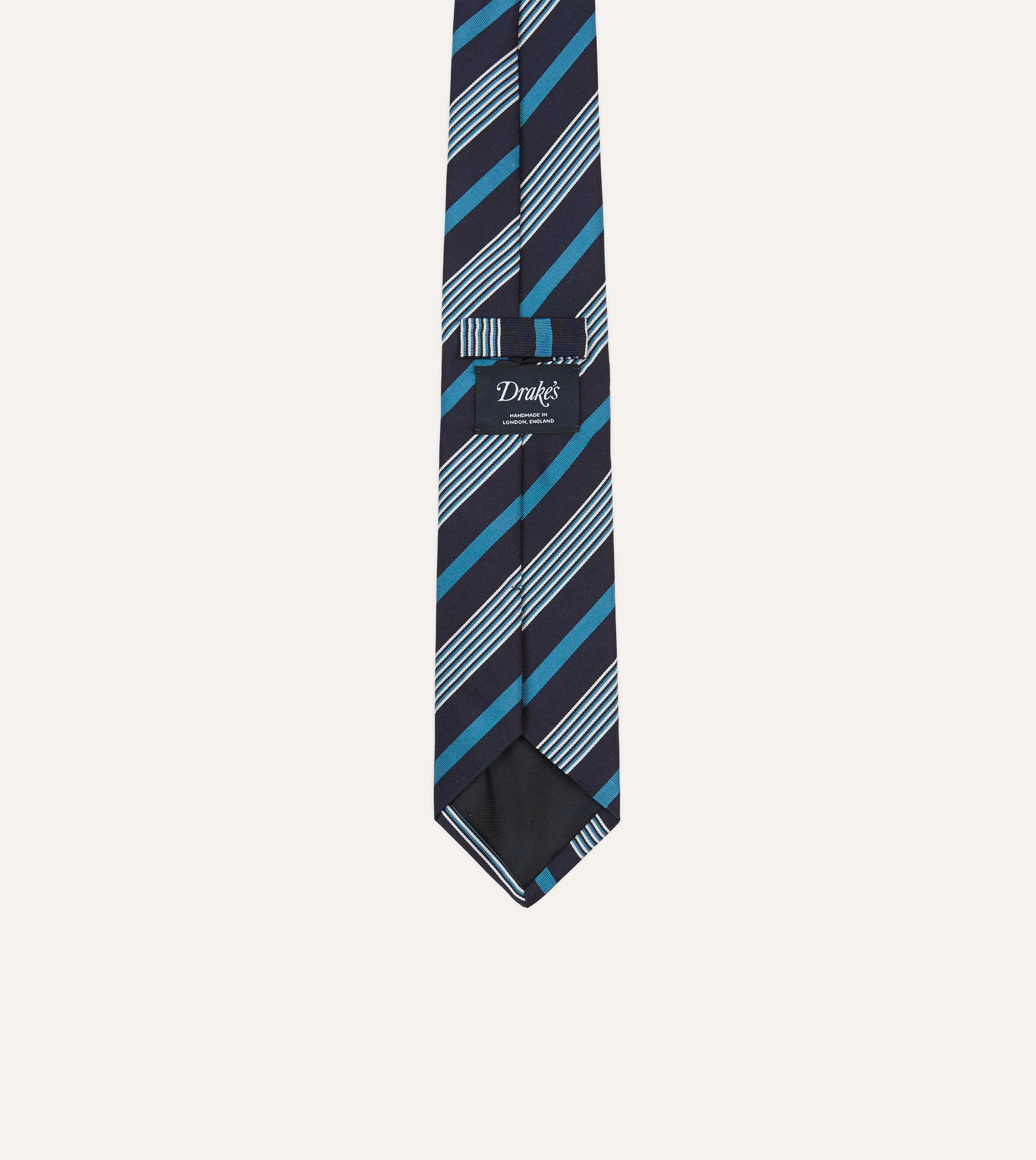 Navy, Blue and White Multi Stripe Mogador Silk Tipped Tie sold by Drake's London product image thumbnail 4